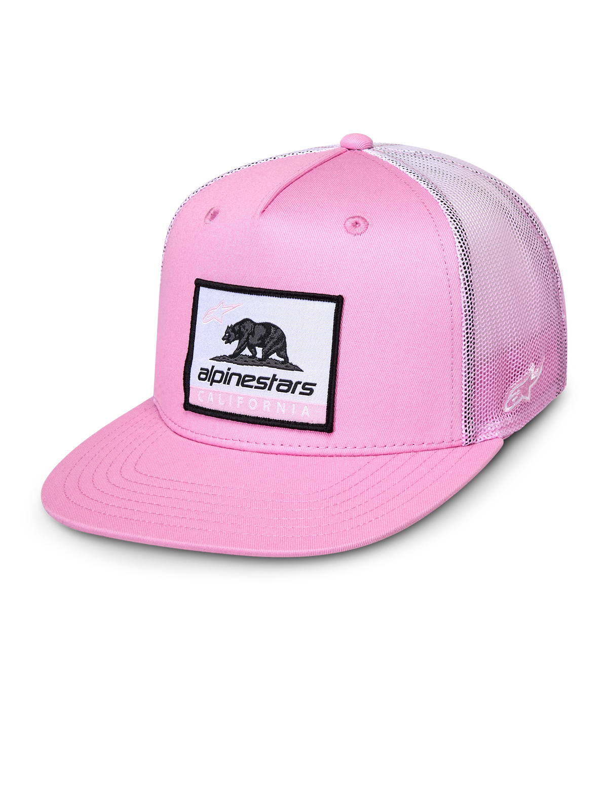 Alpinestars Cali Gradient Trucker Hat, różowo-biała czapka z płaskim daszkiem i tkaną naszywką Cali Bear, różowy przód z twillu i siateczkowy tył z gradientem, sportowe nakrycie głowy