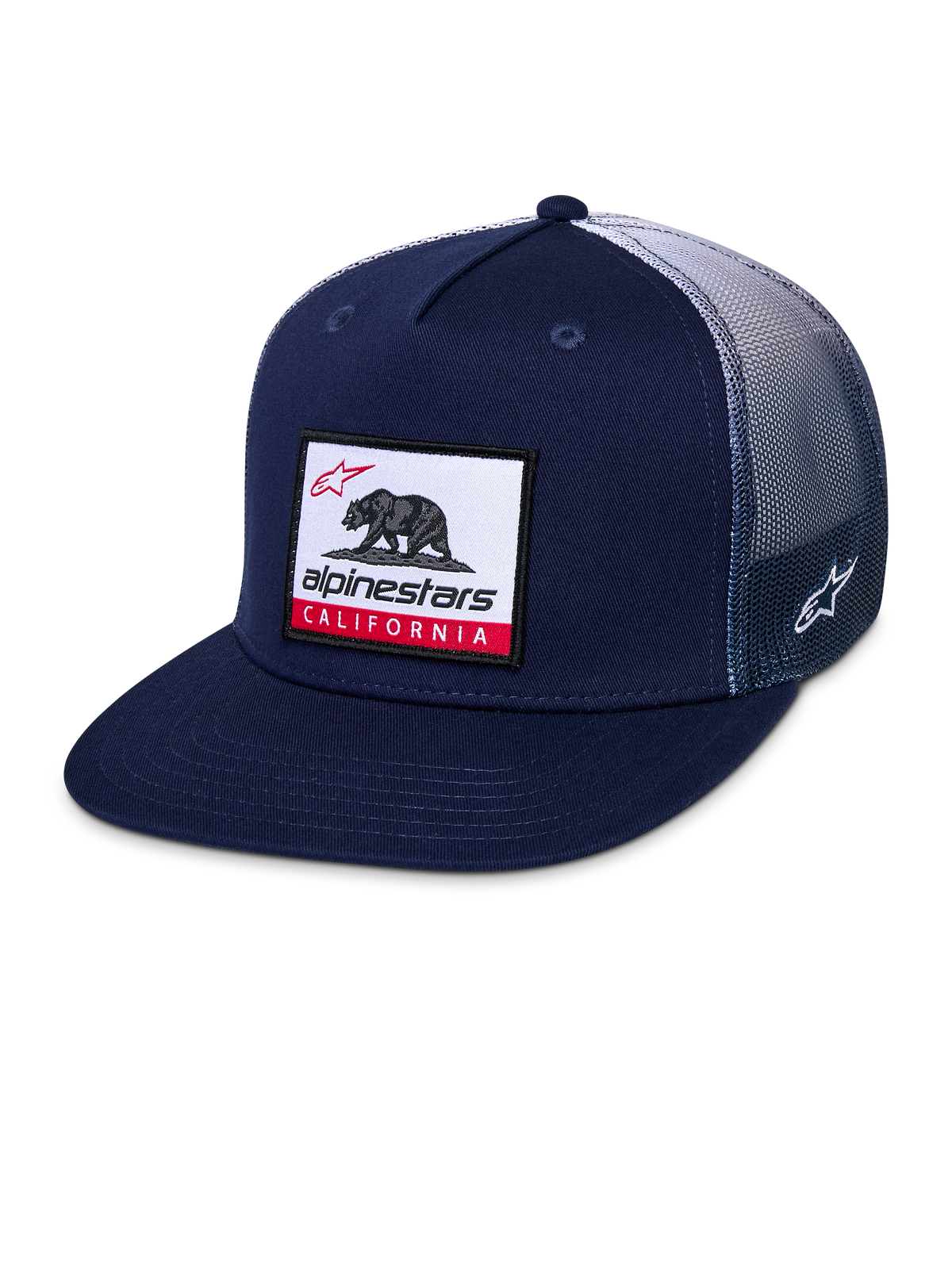 Alpinestars Cali Gradient Trucker Hat, czapka z daszkiem typu snapback, granatowo-biała, z płaskim daszkiem, tkaną naszywką z niedźwiedziem kalifornijskim z przodu, gradientową siatką mesh z tyłu i haftowanym logo Astars z boku