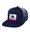 Alpinestars Cali Gradient Trucker Hat, Snapback Cap, Navy Blue and White, featuring a flat bill, California bear woven patch on front, gradient poly mesh back, and side Astars logo embroidery