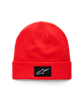 Alpinestars Augment Cuff Beanie, jasnoczerwona czapka dzianinowa z wywinięciem, czarna tkana naszywka z białym logo Astars, casualowa odzież sportowa