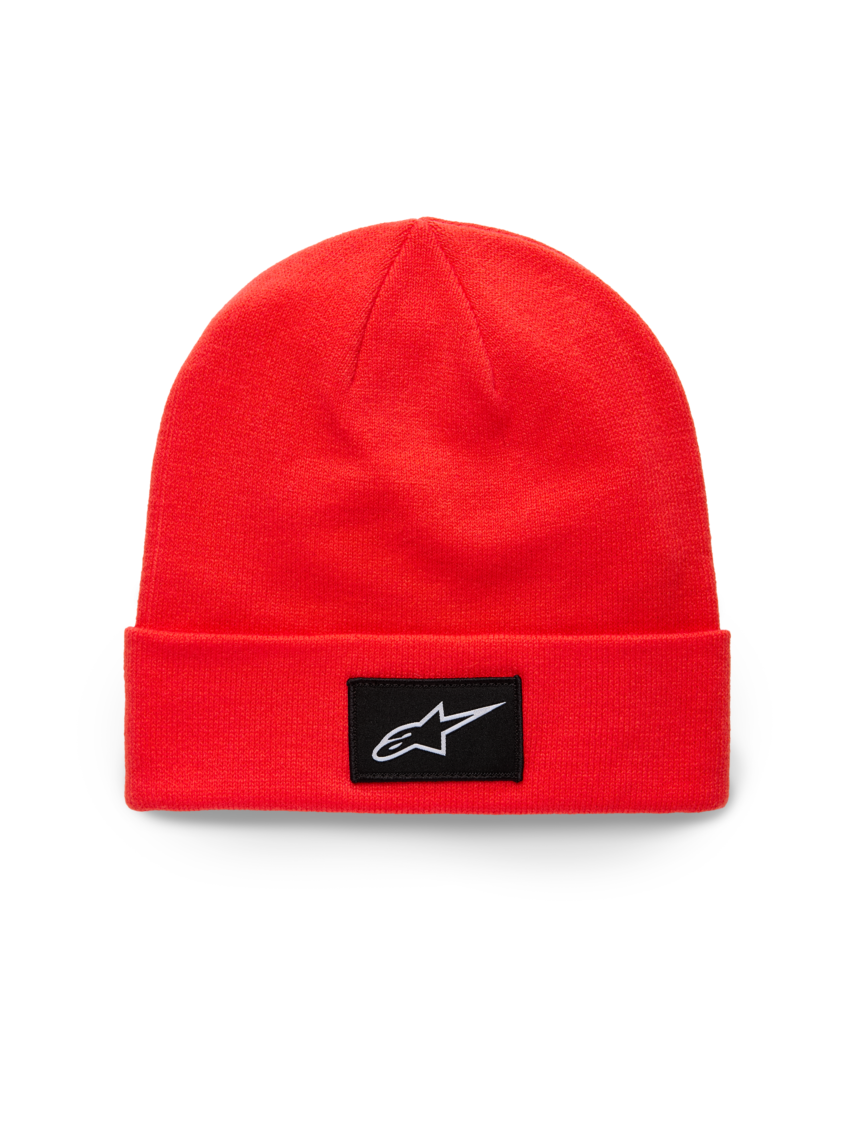 Alpinestars Augment Cuff Beanie, jasnoczerwona czapka dzianinowa z wywinięciem, czarna tkana naszywka z białym logo Astars, casualowa odzież sportowa