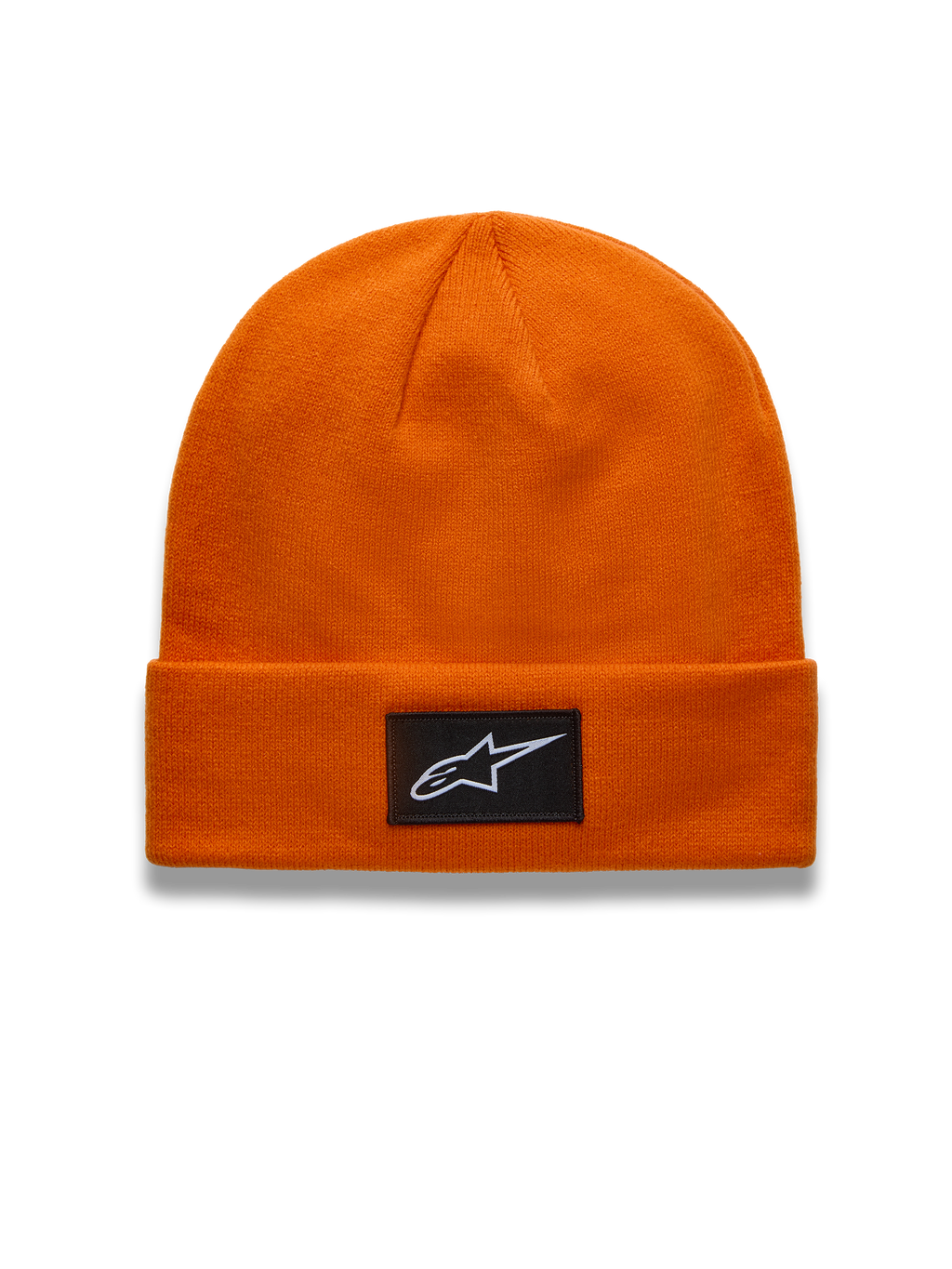 Alpinestars Augment Cuff, pomarańczowa czapka beanie z dzianiny dżersejowej, czarna tkana naszywka z logo Astars, odzież typu sportswear i lifestyle