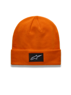 Alpinestars Augment Cuff, pomarańczowa czapka beanie z dzianiny dżersejowej, czarna tkana naszywka z logo Astars, odzież typu sportswear i lifestyle