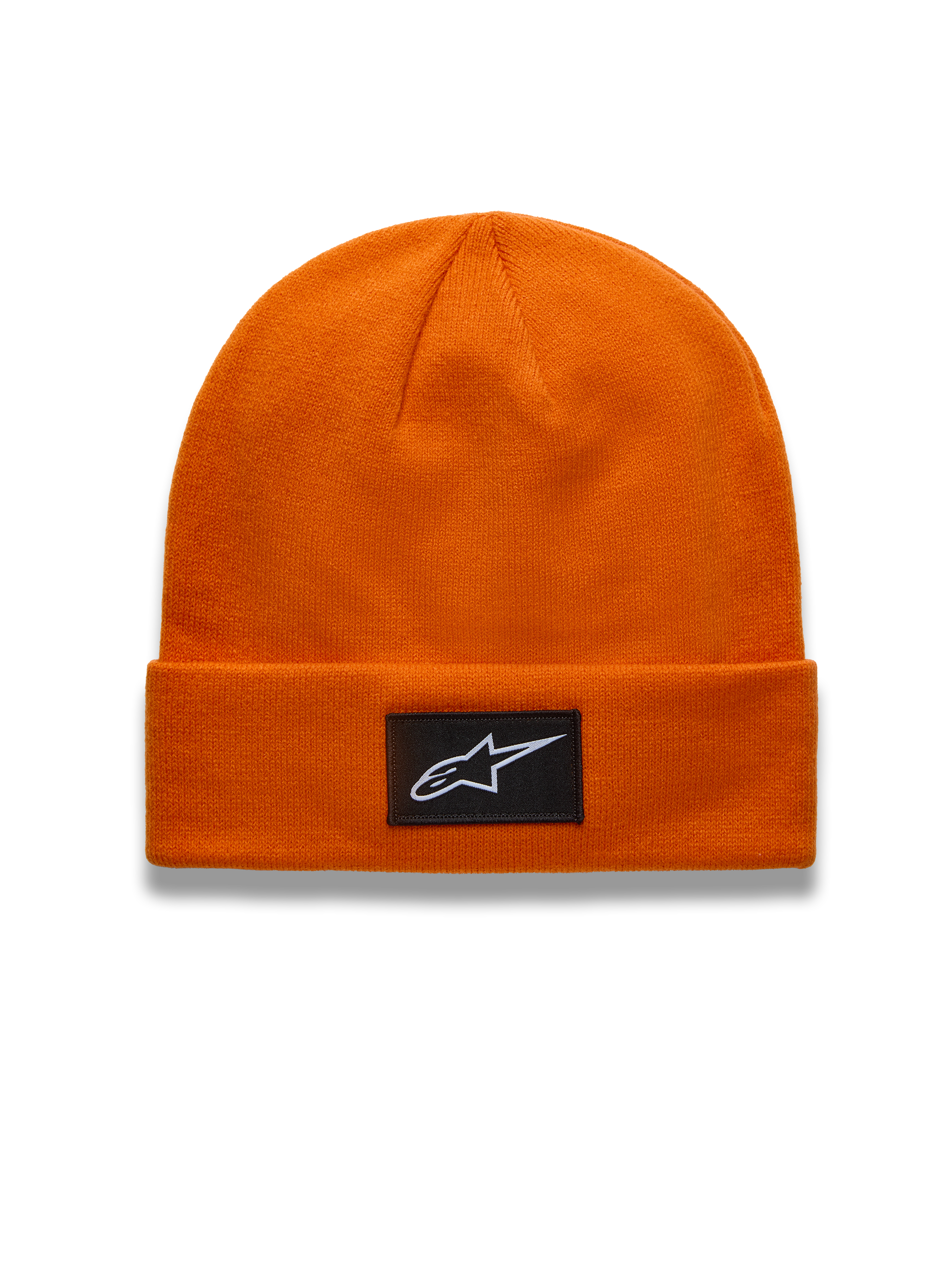 Alpinestars Augment Cuff, pomarańczowa czapka beanie z dzianiny dżersejowej, czarna tkana naszywka z logo Astars, odzież typu sportswear i lifestyle