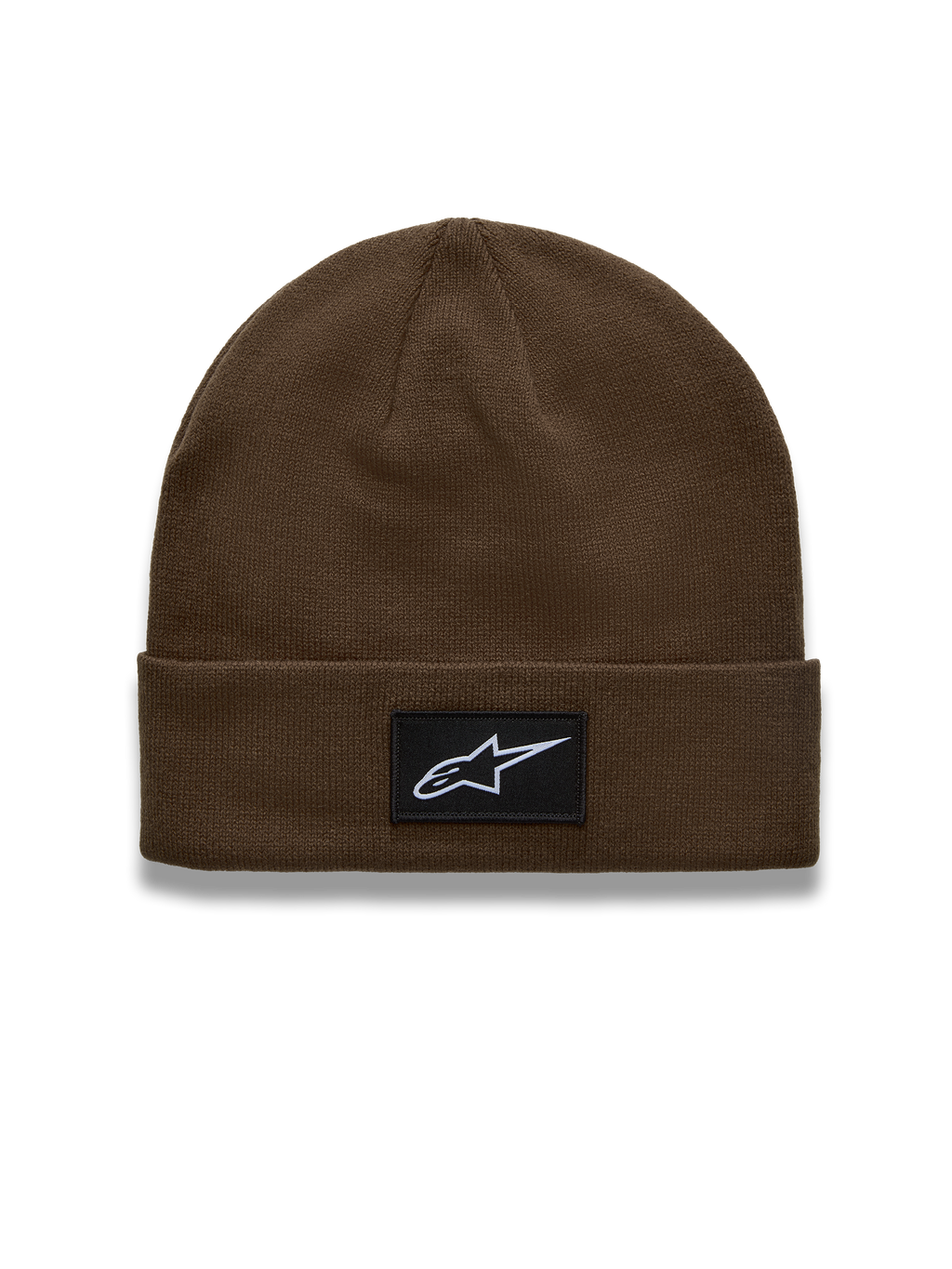 Alpinestars Augment Cuff, brązowa czapka z dzianiny, czarna naszywka z białym logo Astars, codzienna odzież sportswear
