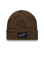 Alpinestars Augment Cuff, brązowa czapka z dzianiny, czarna naszywka z białym logo Astars, codzienna odzież sportswear