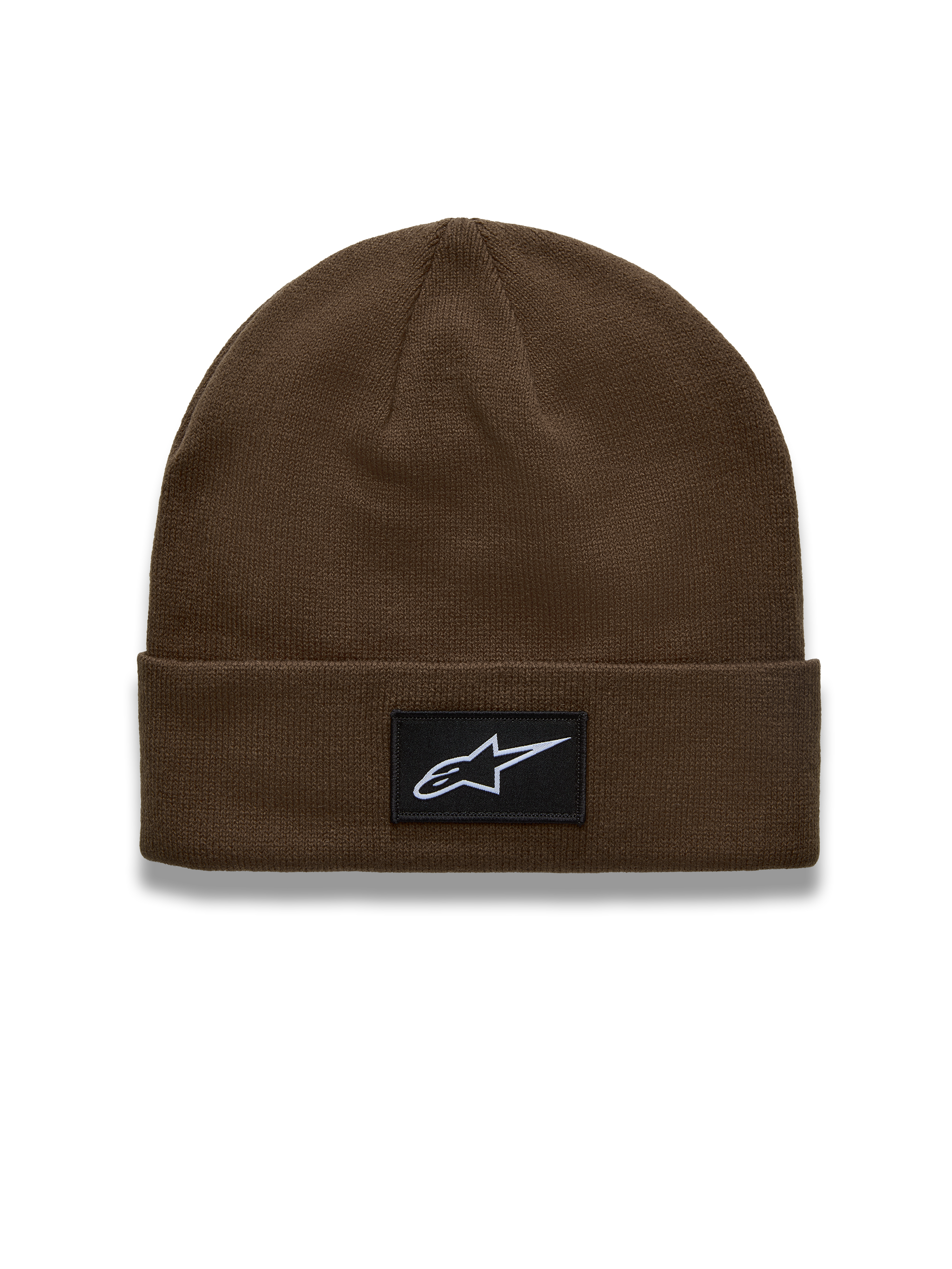 Alpinestars Augment Cuff, brązowa czapka z dzianiny, czarna naszywka z białym logo Astars, codzienna odzież sportswear