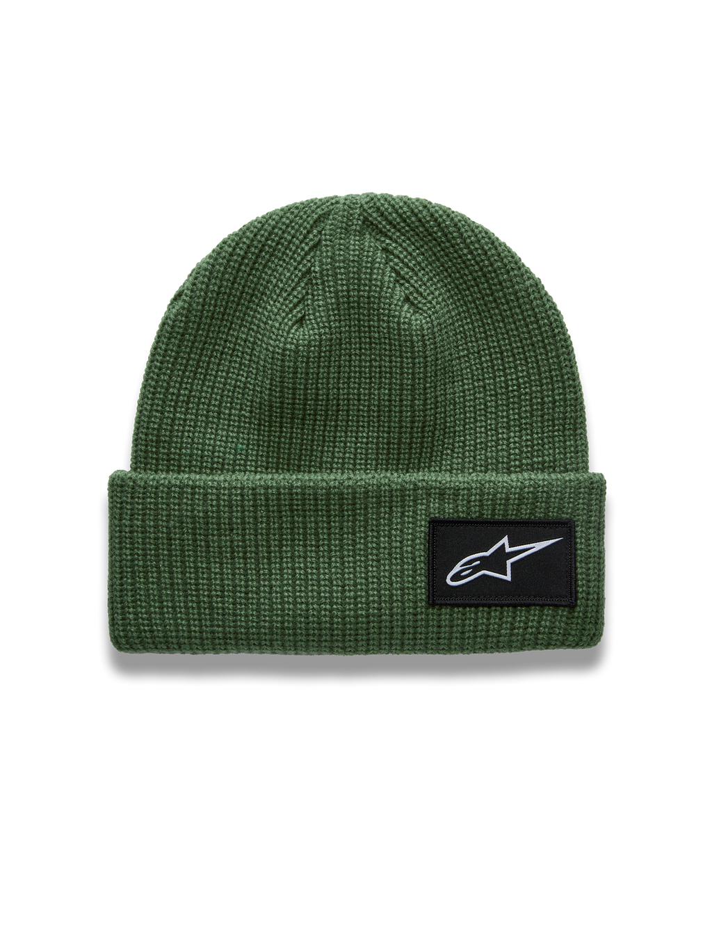 Alpinestars Unload Rib Cuff Beanie in Pea Green, casual acrylic knit winter hat with a black woven logo patch.