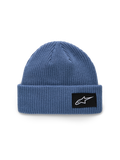 Alpinestars Unload Rib Cuff Beanie, Blue, knit jersey stitch construction, shallow fit with folded cuff, black woven patch with white Astars logo, casual sportswear headwear
