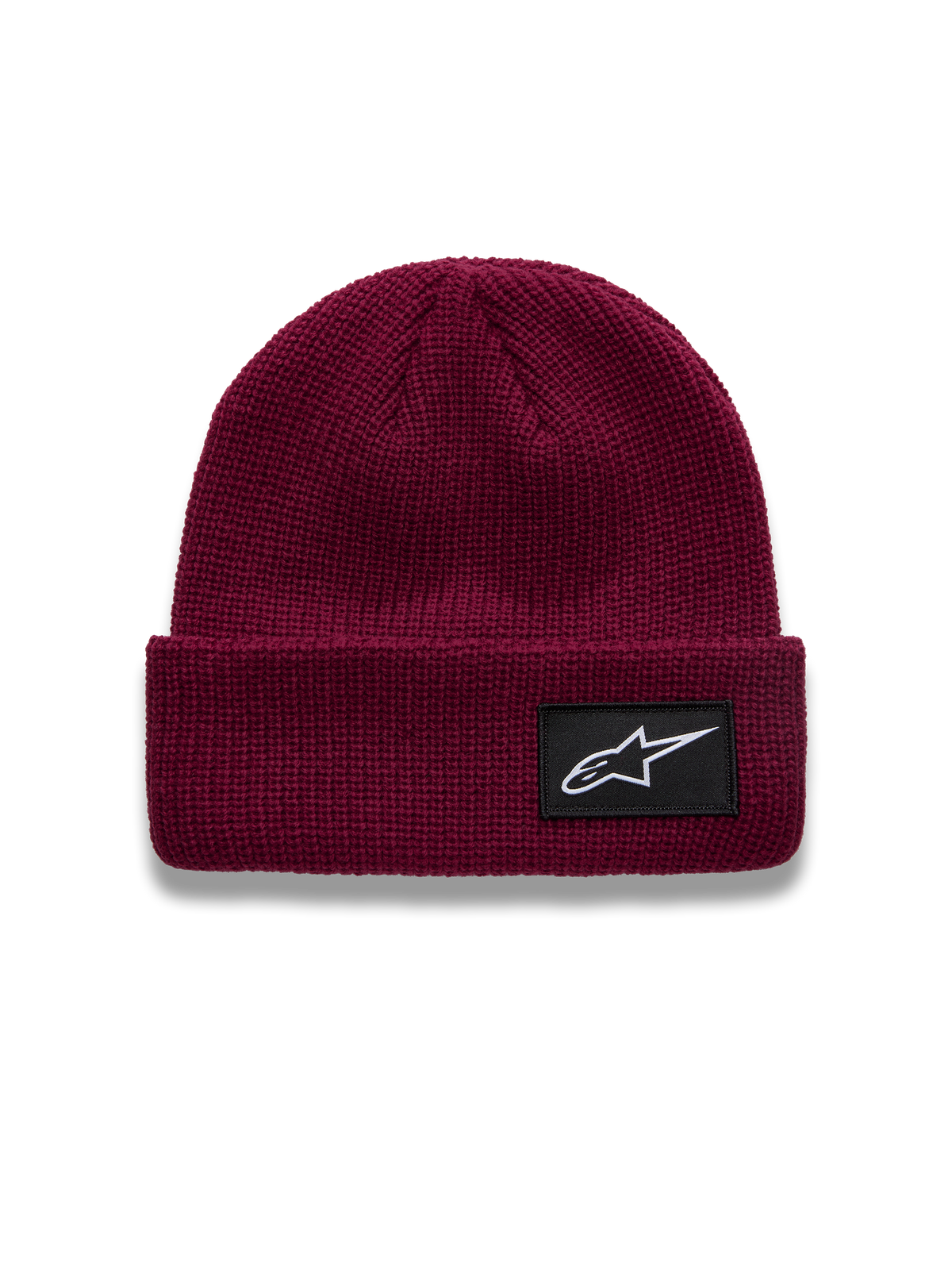 Alpinestars Unload Rib Cuff Beanie, berry red knit acrylic winter hat featuring a black logo patch on the folded cuff.