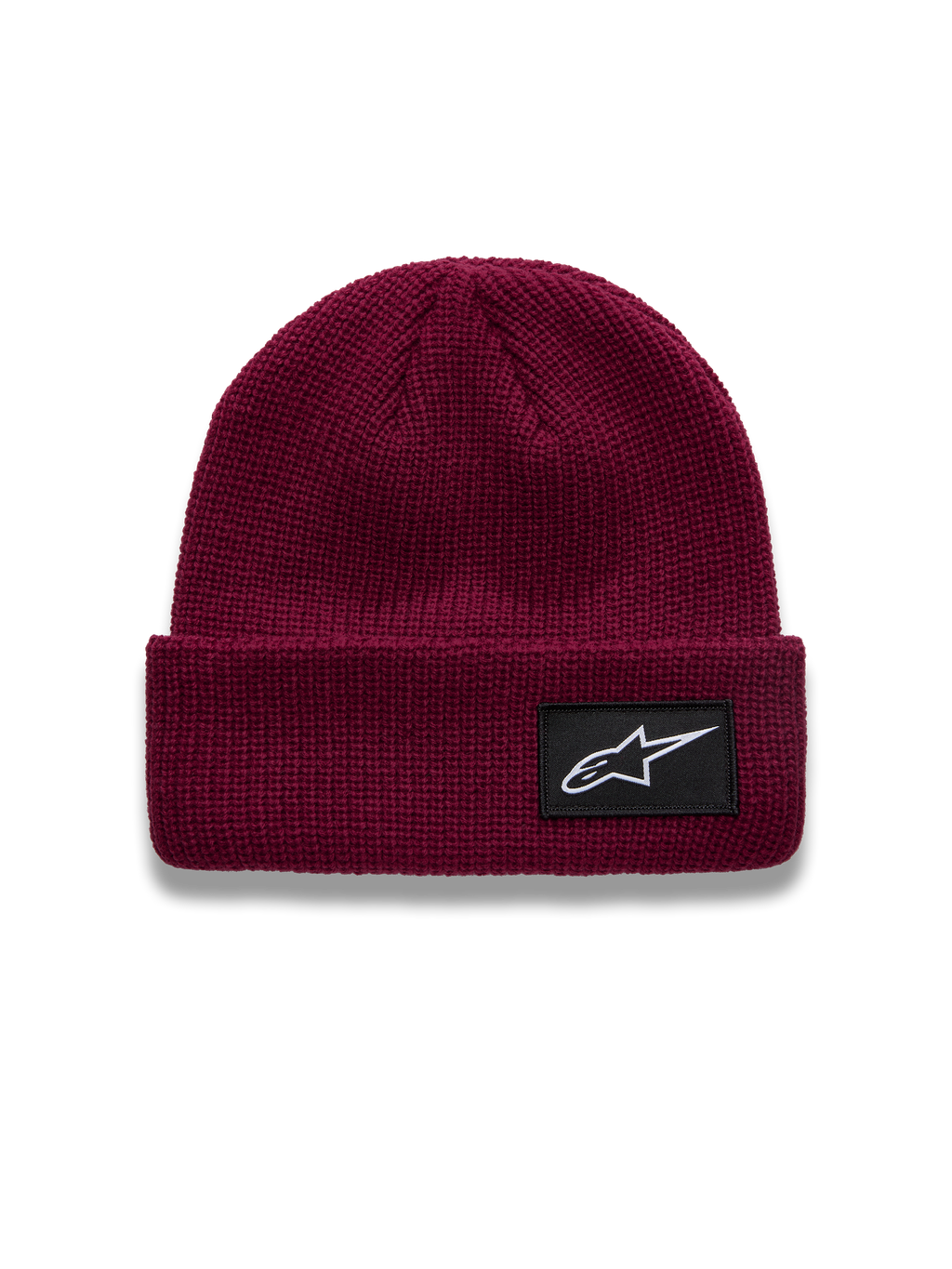 Alpinestars Unload Rib Cuff Czapka, bordowa czapka z dzianiny jersey, czarna naszywka z logo Astars na wywiniętym brzegu.