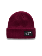 Alpinestars Unload Rib Cuff Czapka, bordowa czapka z dzianiny jersey, czarna naszywka z logo Astars na wywiniętym brzegu.