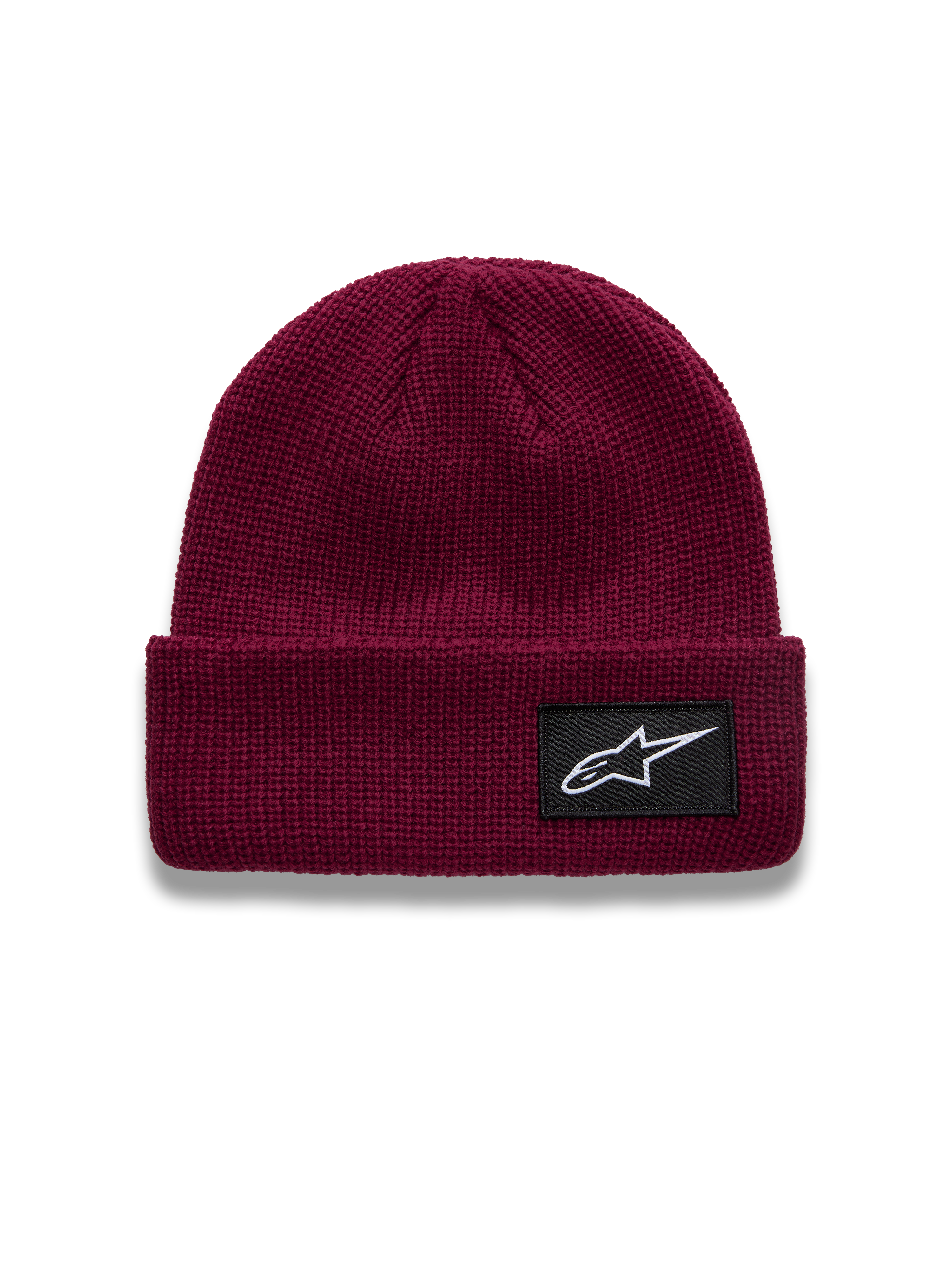 Alpinestars Unload Rib Cuff Czapka, bordowa czapka z dzianiny jersey, czarna naszywka z logo Astars na wywiniętym brzegu.