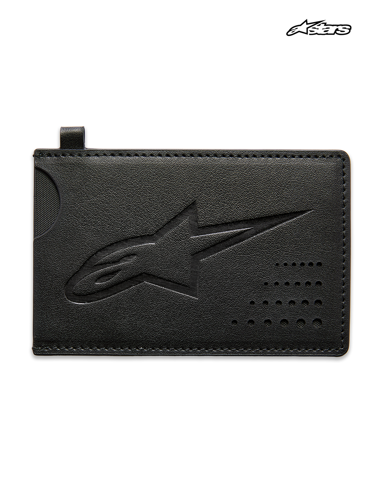 Alpinestars Ageless, etui na karty kredytowe, czarna skóra dwoinowa, z wytłoczonym logo Astars i kieszenią z wycięciem
