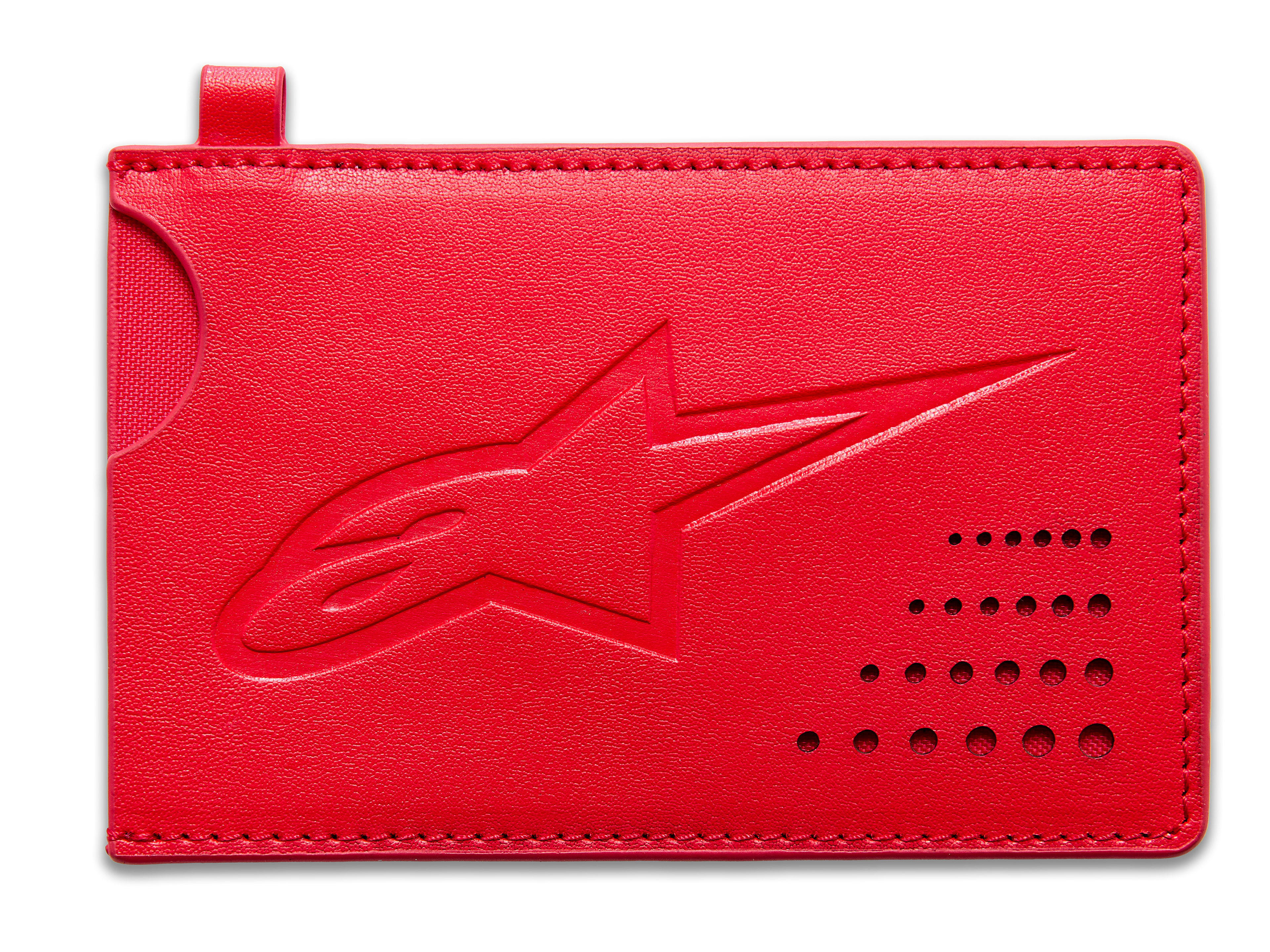 Alpinestars Ageless Credit Card Holder, czerwone etui na karty, klasyczny portfel ze skóry, wytłoczone logo Astars, zakrzywione wycięcie, perforowany detal w rogu, smukły minimalistyczny dodatek