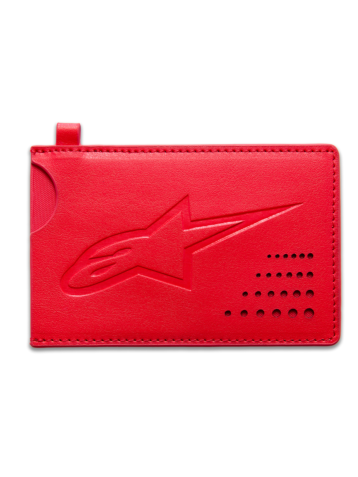 Alpinestars Ageless etui na karty kredytowe, czerwone akcesorium sportswear, kompaktowy portfel z dwoiny skórzanej z wytłoczonym logo Astars i przegródkami na karty