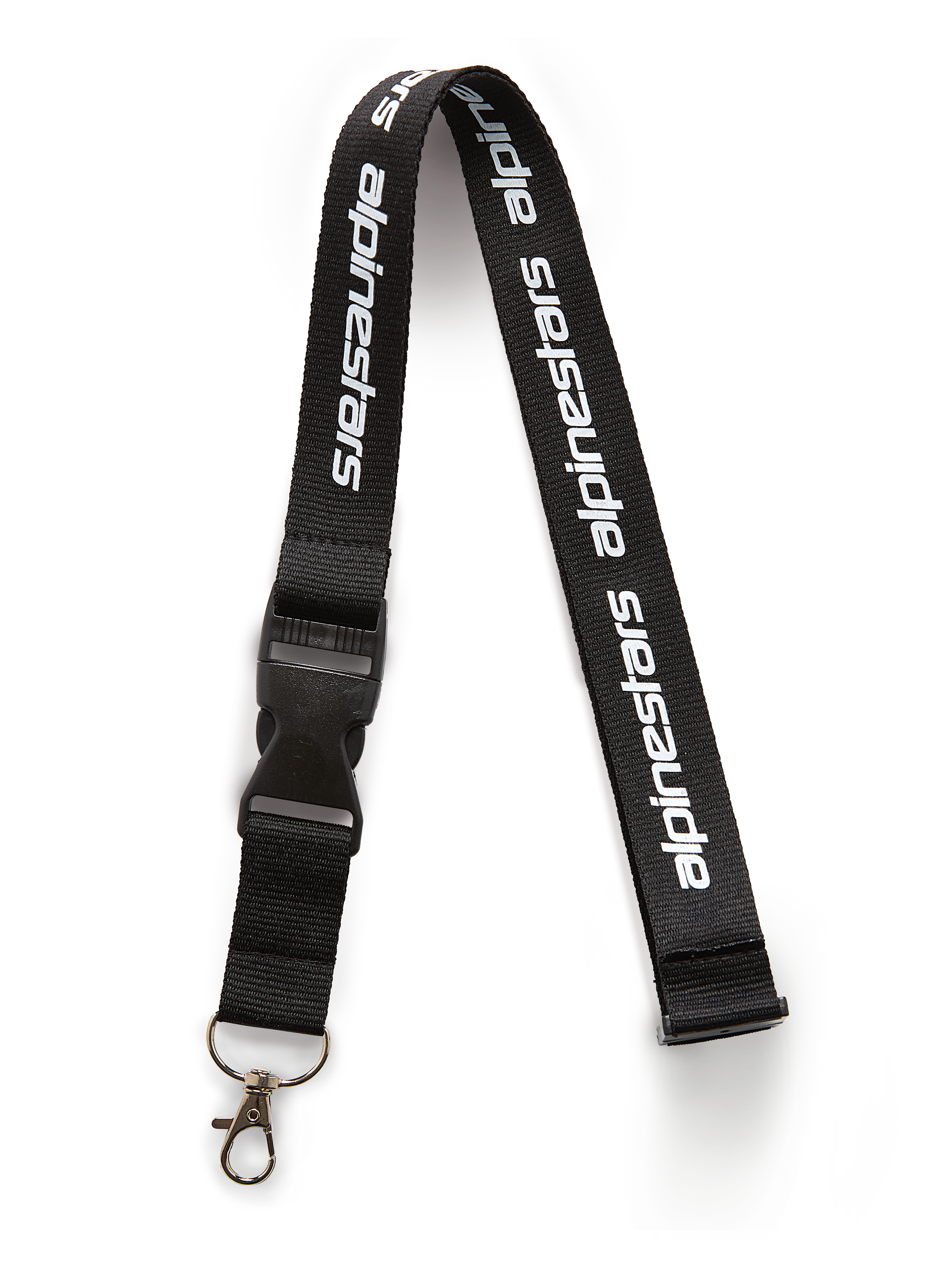 Smycz Alpinestars Linear, czarno-biała, czarny pasek z białym nadrukowanym logotypem Alpinestars, wyposażona w czarną plastikową klamrę bezpieczeństwa i metalowy karabińczyk obrotowy, sportowe akcesorium