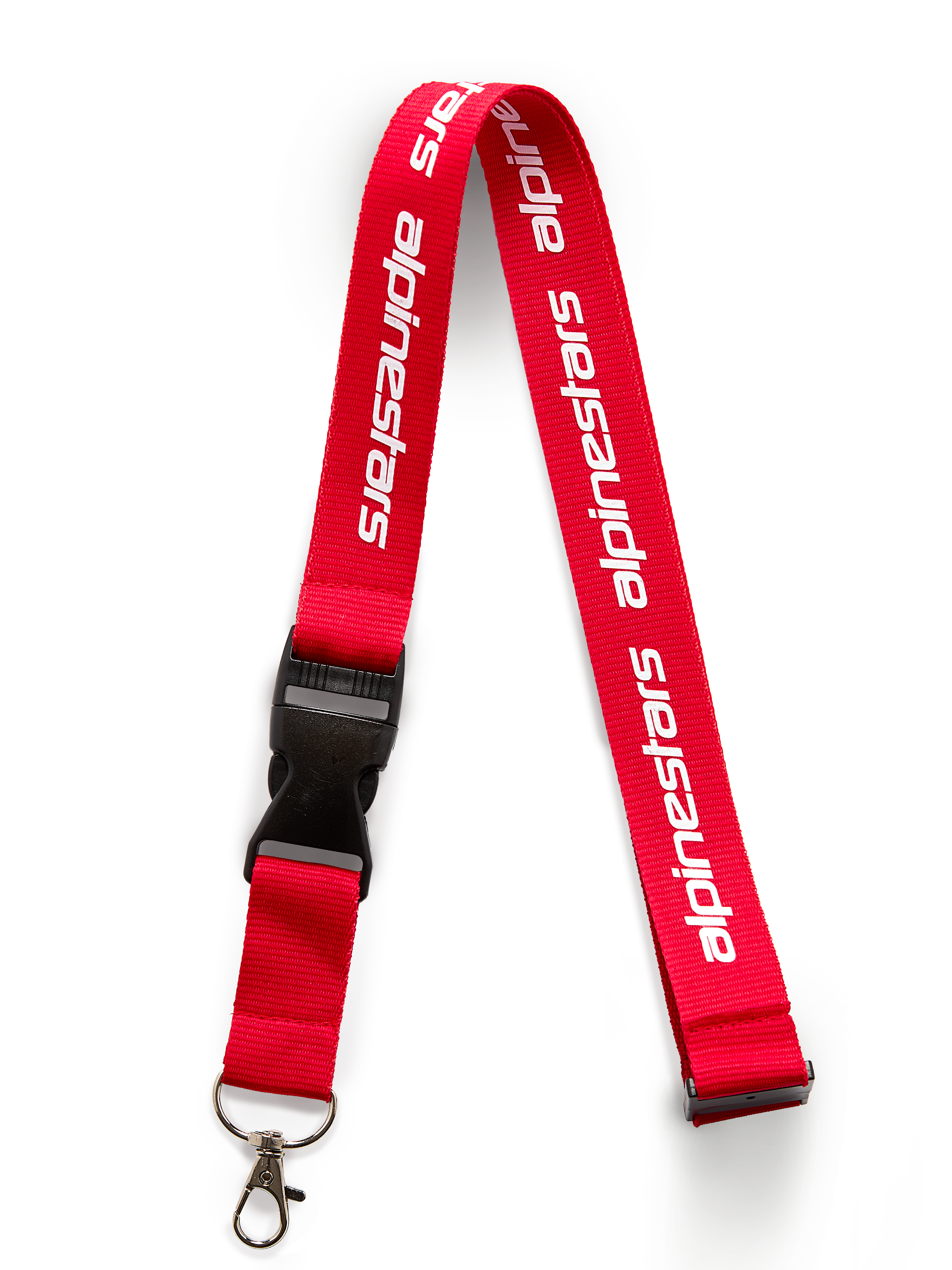 Alpinestars Linear Lanyard, czerwono-biała smycz z nadrukowanym logo Alpinestars, czarne zapięcie bezpieczeństwa i odpinany metalowy obrotowy karabińczyk, akcesorium inspirowane sportami motorowymi
