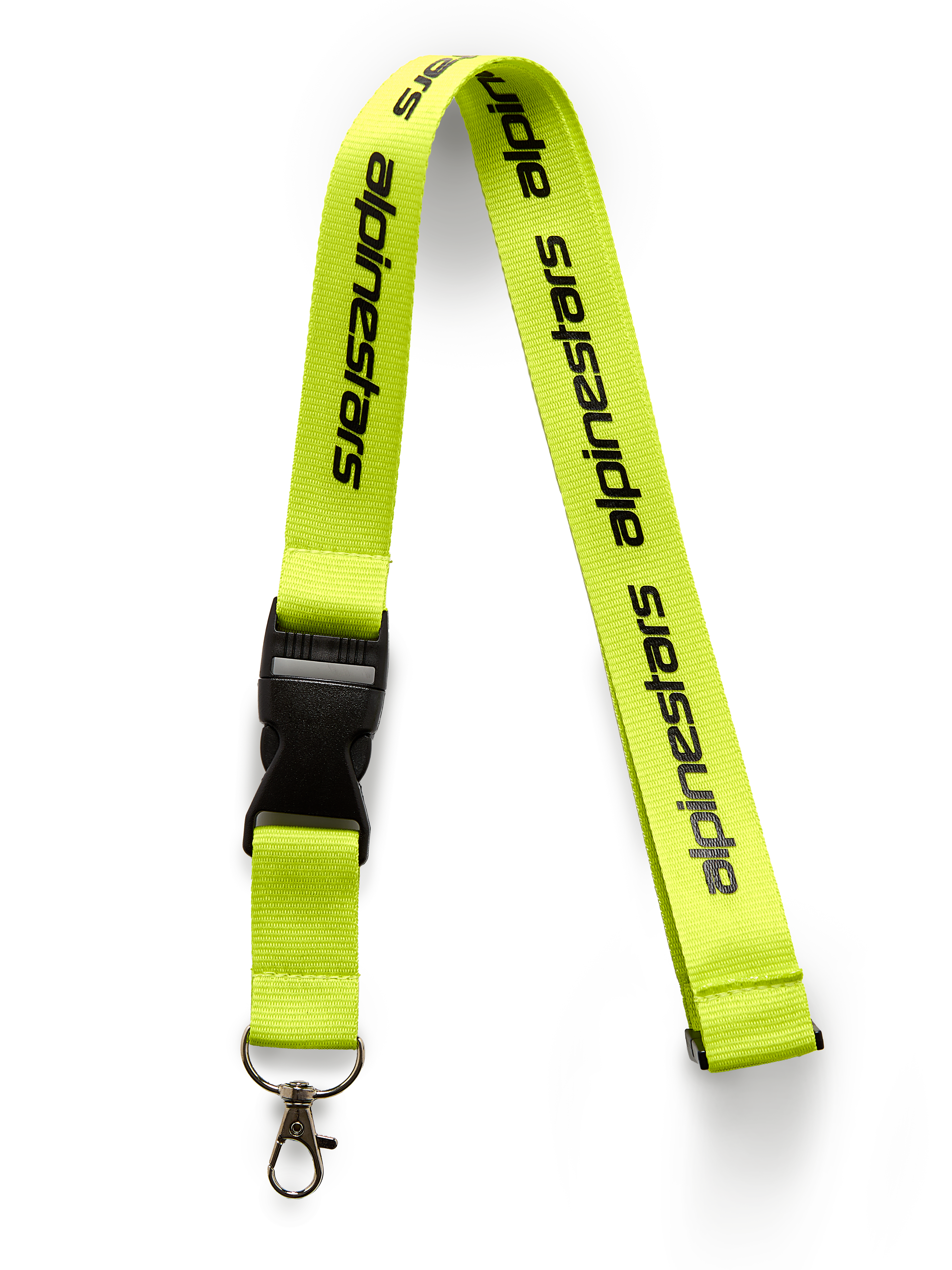 Smycz Alpinestars Linear, żółty fluorescencyjny z czarnym nadrukowanym logo, wyposażona w czarną plastikową klamrę bezpieczeństwa i metalowy obrotowy karabińczyk, 20-calowy poliestrowy pasek na szyję, akcesorium inspirowane sportami motorowymi