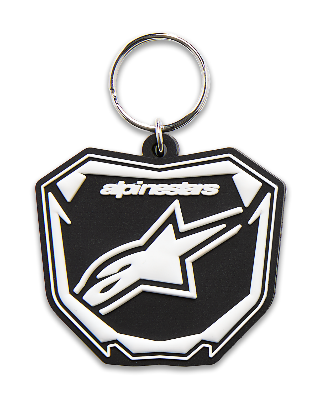 Alpinestars Plate Keyfob, trójwymiarowo formowany brelok, czarno-biały, z grafiką tablicy MX Astars, białym logo i napisem, srebrne metalowe kółko, akcesorium inspirowane sportami motorowymi