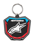 Alpinestars Plate Keyfob, 3D molded keychain, Black Blue and Red, shield-shaped motocross plate design with white star logo and metal ring, casual motorsport accessory