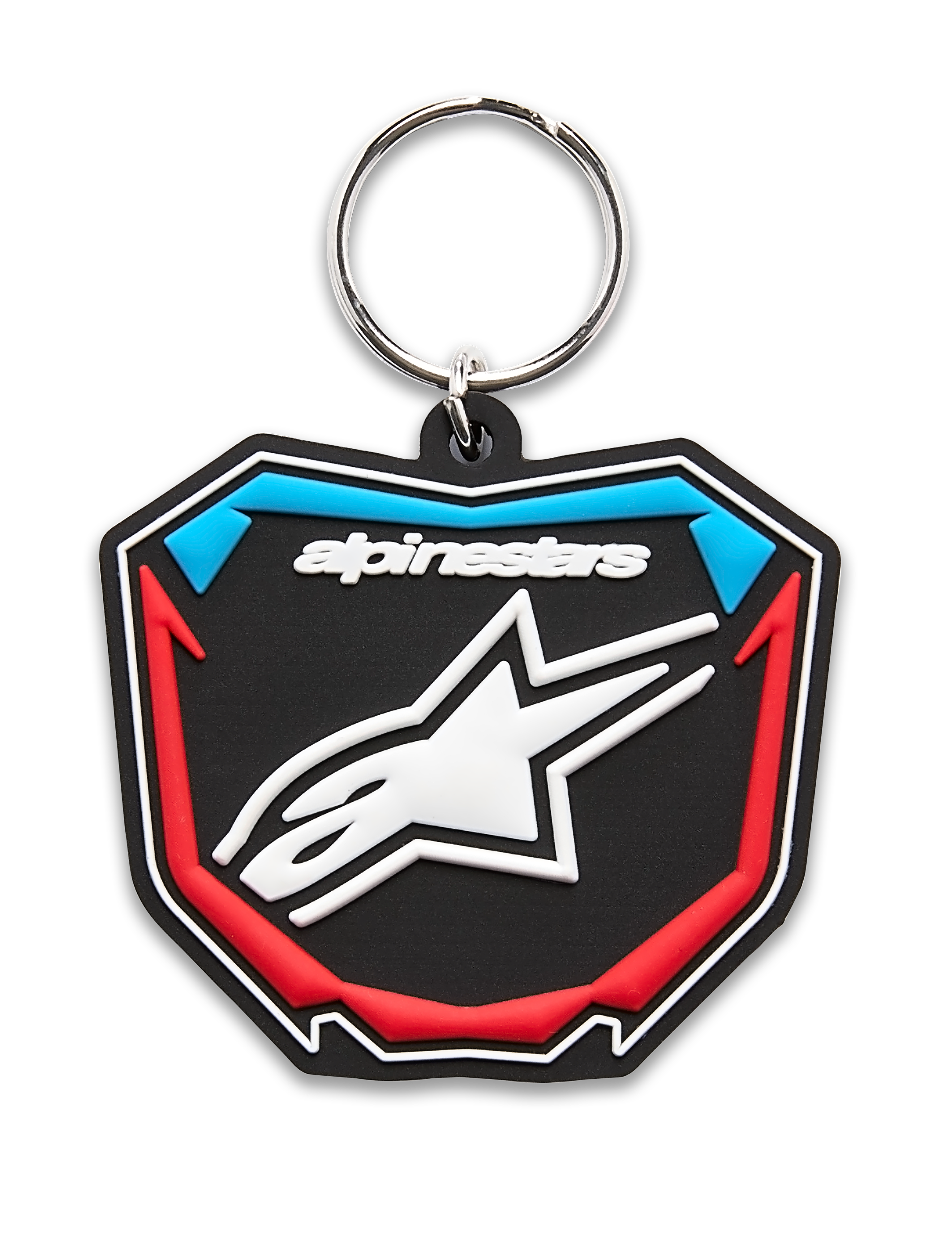 Alpinestars Plate Keyfob, trójwymiarowy brelok, czarny z niebieskimi i czerwonymi akcentami, design w kształcie tablicy motocrossowej z białym logo gwiazdy i metalowym kółkiem, sportowe akcesorium