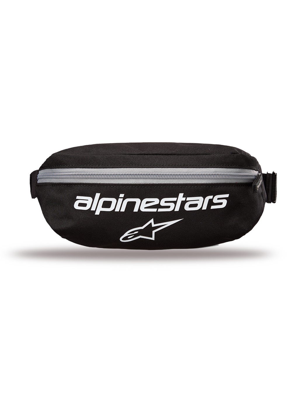 Alpinestars Only Linear Hip Bag, nerka, czarna z białymi logotypami i szarym zamkiem błyskawicznym, widok z przodu z napisem Alpinestars i logo gwiazdy, wytrzymała poliestrowa konstrukcja, kompaktowa saszetka do codziennego użytku