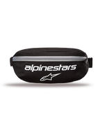 Alpinestars Only Linear Hip Bag, nerka, czarna z białymi logotypami i szarym zamkiem błyskawicznym, widok z przodu z napisem Alpinestars i logo gwiazdy, wytrzymała poliestrowa konstrukcja, kompaktowa saszetka do codziennego użytku