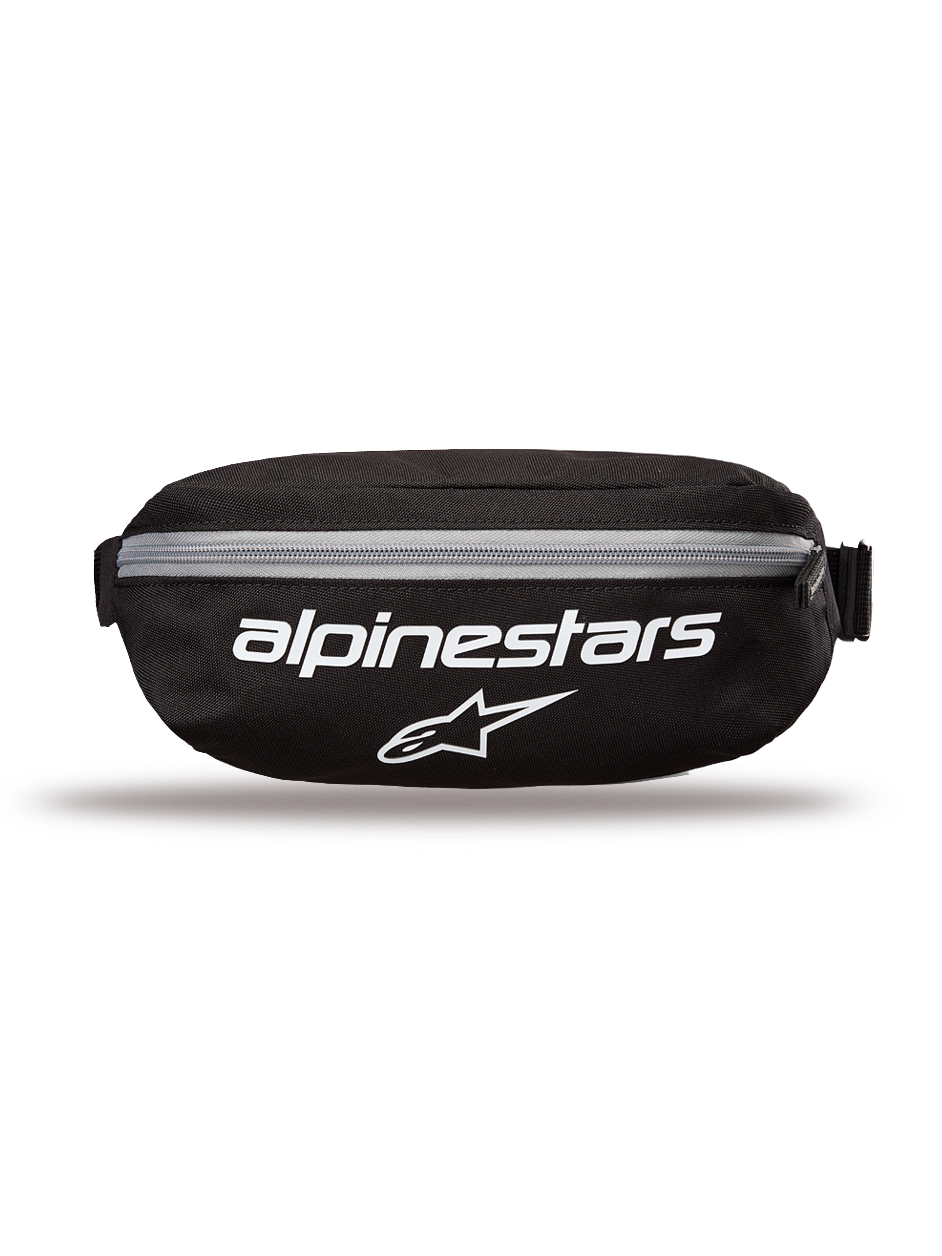 Alpinestars Only Linear Hip Bag, nerka, czarna z białymi logotypami i szarym zamkiem błyskawicznym, widok z przodu z napisem Alpinestars i logo gwiazdy, wytrzymała poliestrowa konstrukcja, kompaktowa saszetka do codziennego użytku