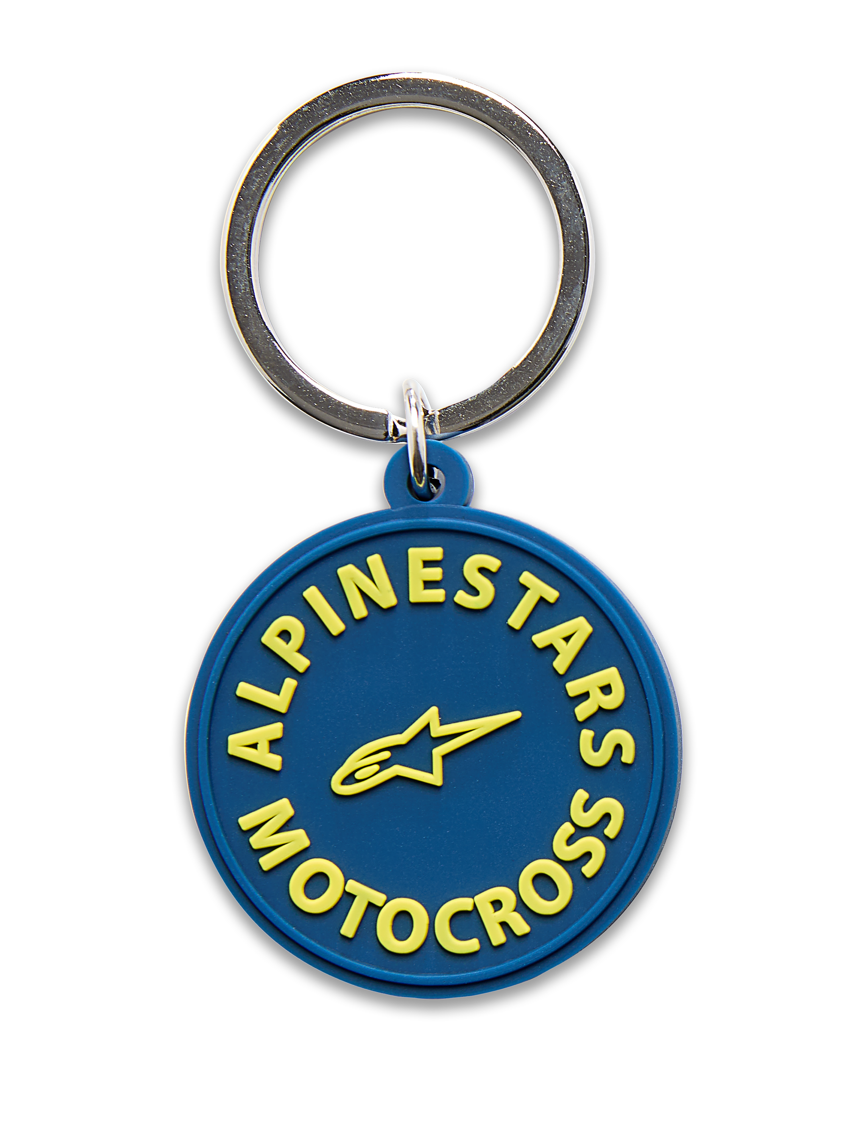 Alpinestars MX Keyfob, Keychain, Navy Blue with Yellow, 3D molded circular design featuring yellow Alpinestars Motocross text and star logo, silver metal snap ring, motorsport-inspired accessory