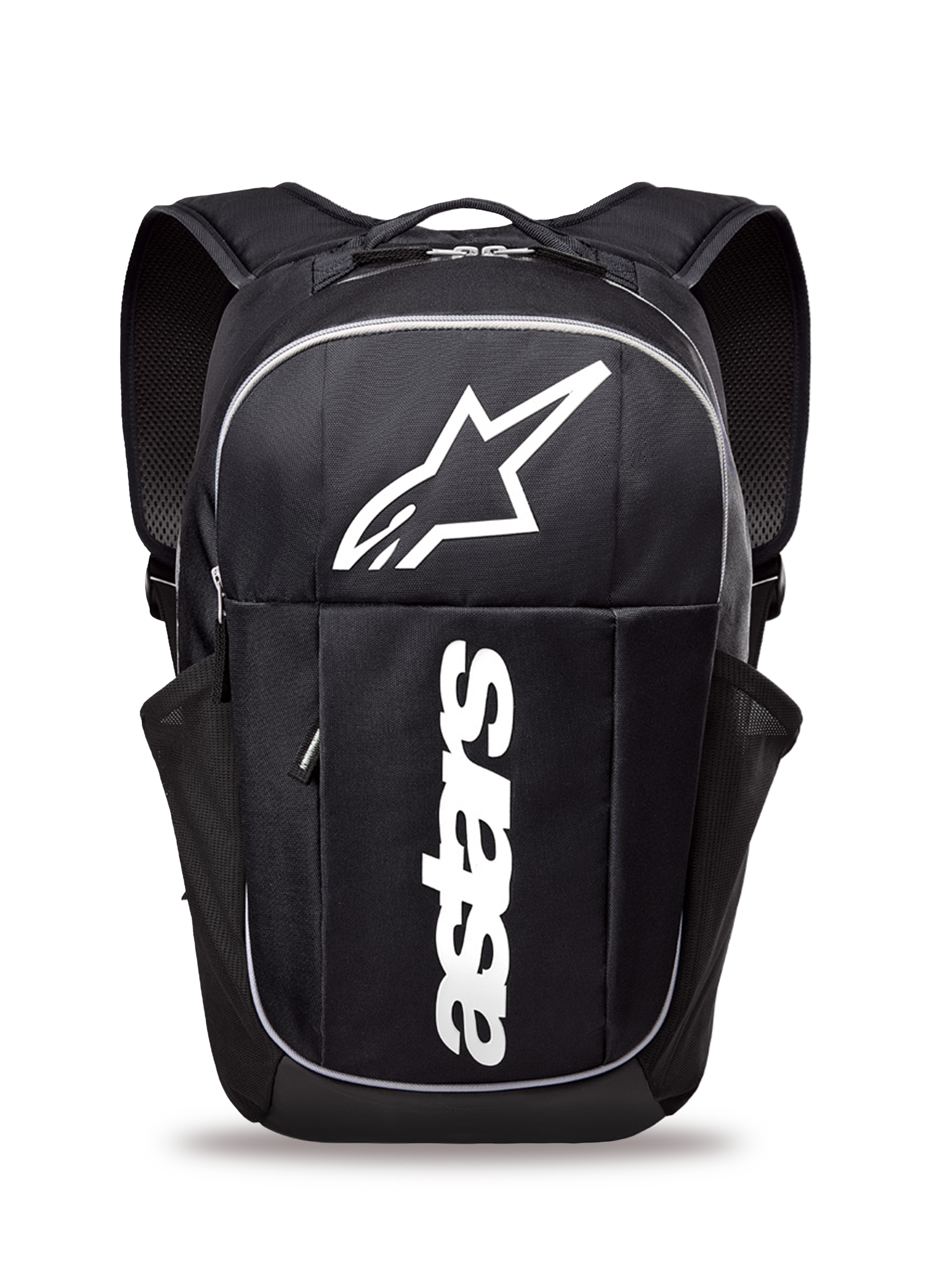 Alpinestars GFX Boss Backpack, średniej wielkości plecak codzienny, czarno-biały, z dużym białym logo Astars i pionowym napisem, boczne siatkowe kieszenie na butelki, wyściełane ramiączka z siatki, wytrzymała konstrukcja do codziennego użytku