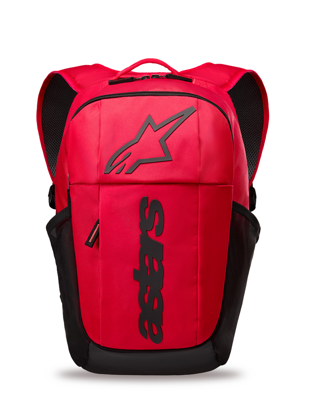 Alpinestars GFX Boss Backpack, czerwono-czarny plecak codzienny o pojemności 20 l, z wypukłym czarnym silikonowym logo Astars i pionowym brandingiem, boczne kieszenie z siatki, wyściełane ramiączka z przewiewnej siatki, wytrzymała konstrukcja z poliestru 600D