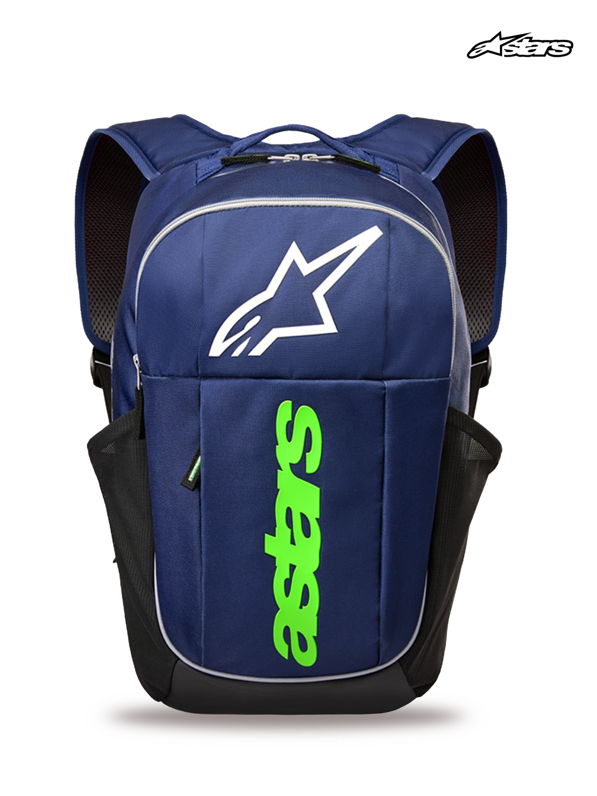 Alpinestars GFX Boss Backpack, sportswear backpack, navy and green, featuring 600D polyester construction, 20L capacity, and bold astars combo graphic branding