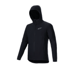 Alpinestars A-Dura Thermal Jacket, czarna, lekka ocieplana kurtka na rower górski, z kapturem, pełnym zamkiem błyskawicznym z przodu i odblaskowym srebrnym logo Astars na piersi, techniczna odzież wierzchnia do jazdy w zimnych warunkach