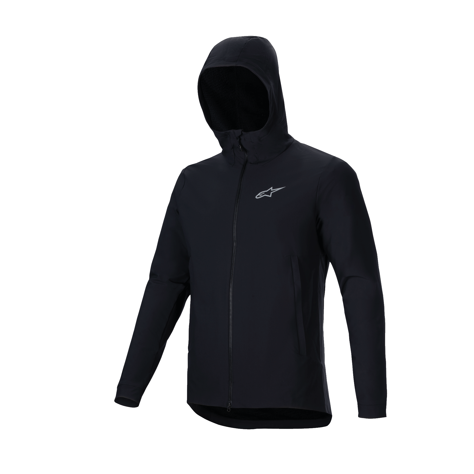 Alpinestars A-Dura Thermal Jacket, czarna, lekka ocieplana kurtka na rower górski, z kapturem, pełnym zamkiem błyskawicznym z przodu i odblaskowym srebrnym logo Astars na piersi, techniczna odzież wierzchnia do jazdy w zimnych warunkach
