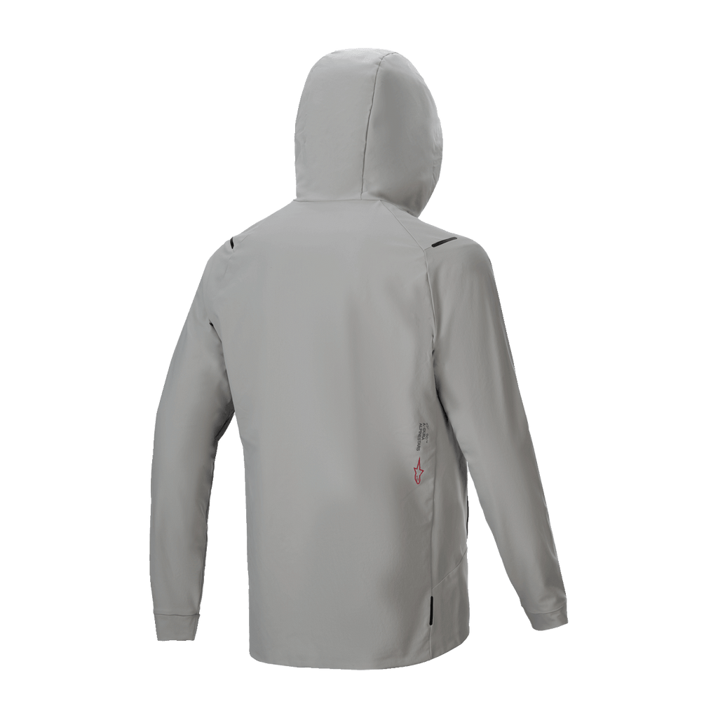 Kurtka Alpinestars A-Dura Thermal, ocieplana kurtka rowerowa, kolor Titanium Gray, widok z tyłu z założonym kapturem, minimalistyczny design z małym logo na dole pleców, lekka ochrona termiczna do jazdy na rowerze górskim.