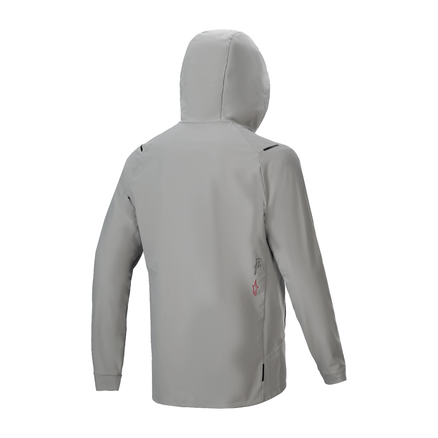Kurtka Alpinestars A-Dura Thermal, ocieplana kurtka rowerowa, kolor Titanium Gray, widok z tyłu z założonym kapturem, minimalistyczny design z małym logo na dole pleców, lekka ochrona termiczna do jazdy na rowerze górskim.