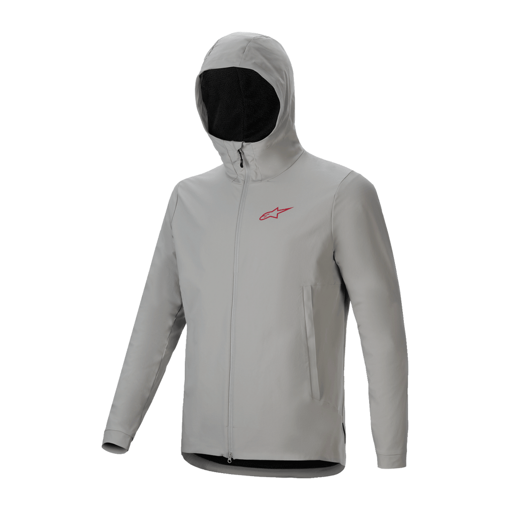 Kurtka Alpinestars A-Dura Thermal, jasnoszara kurtka rowerowa Titanium z ocieplanym kapturem, czerwonym logo na piersi i zamkiem na całej długości, techniczna odzież MTB zapewniająca ochronę przed zimnem.