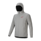 Kurtka Alpinestars A-Dura Thermal, jasnoszara kurtka rowerowa Titanium z ocieplanym kapturem, czerwonym logo na piersi i zamkiem na całej długości, techniczna odzież MTB zapewniająca ochronę przed zimnem.