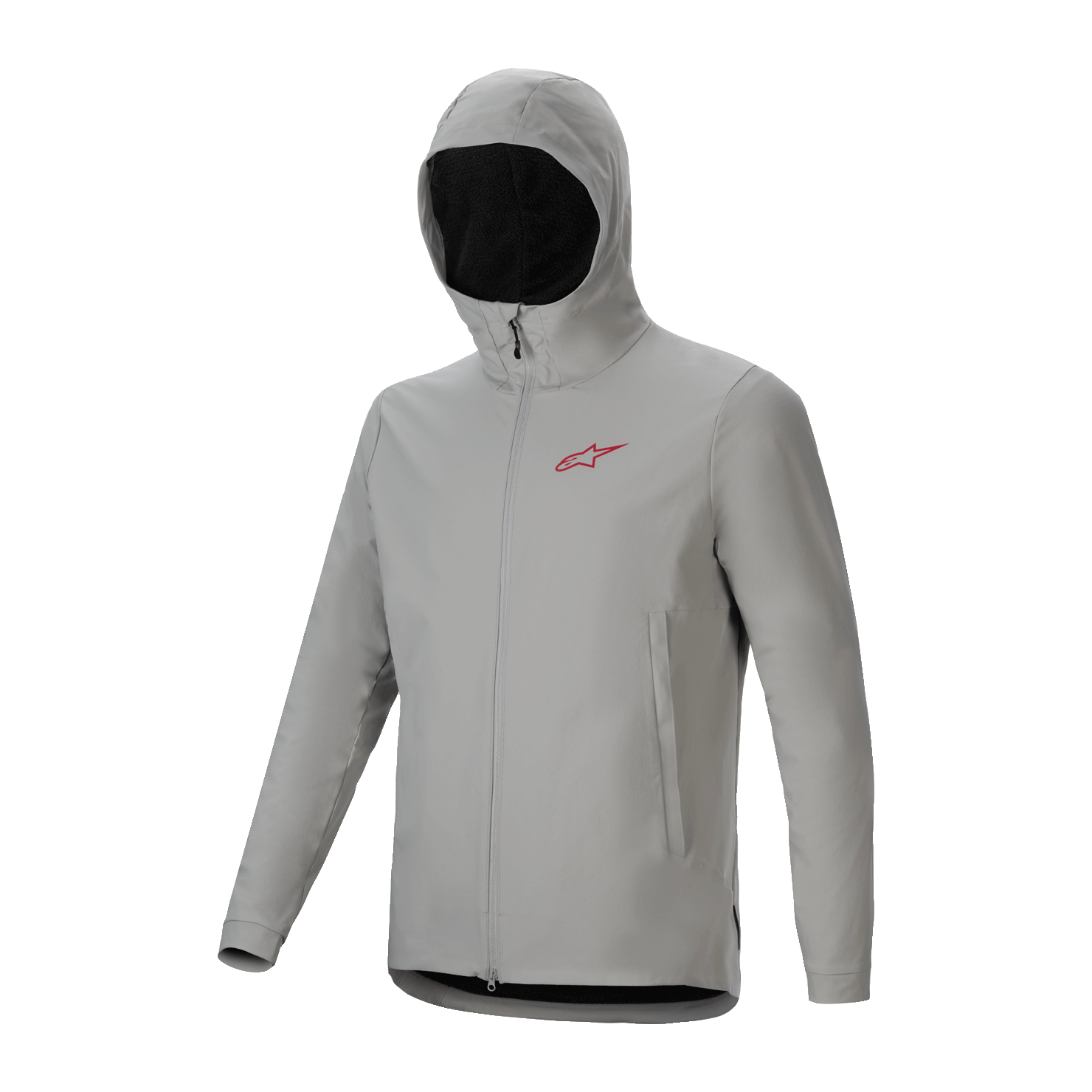 Kurtka Alpinestars A-Dura Thermal, jasnoszara kurtka rowerowa Titanium z ocieplanym kapturem, czerwonym logo na piersi i zamkiem na całej długości, techniczna odzież MTB zapewniająca ochronę przed zimnem.