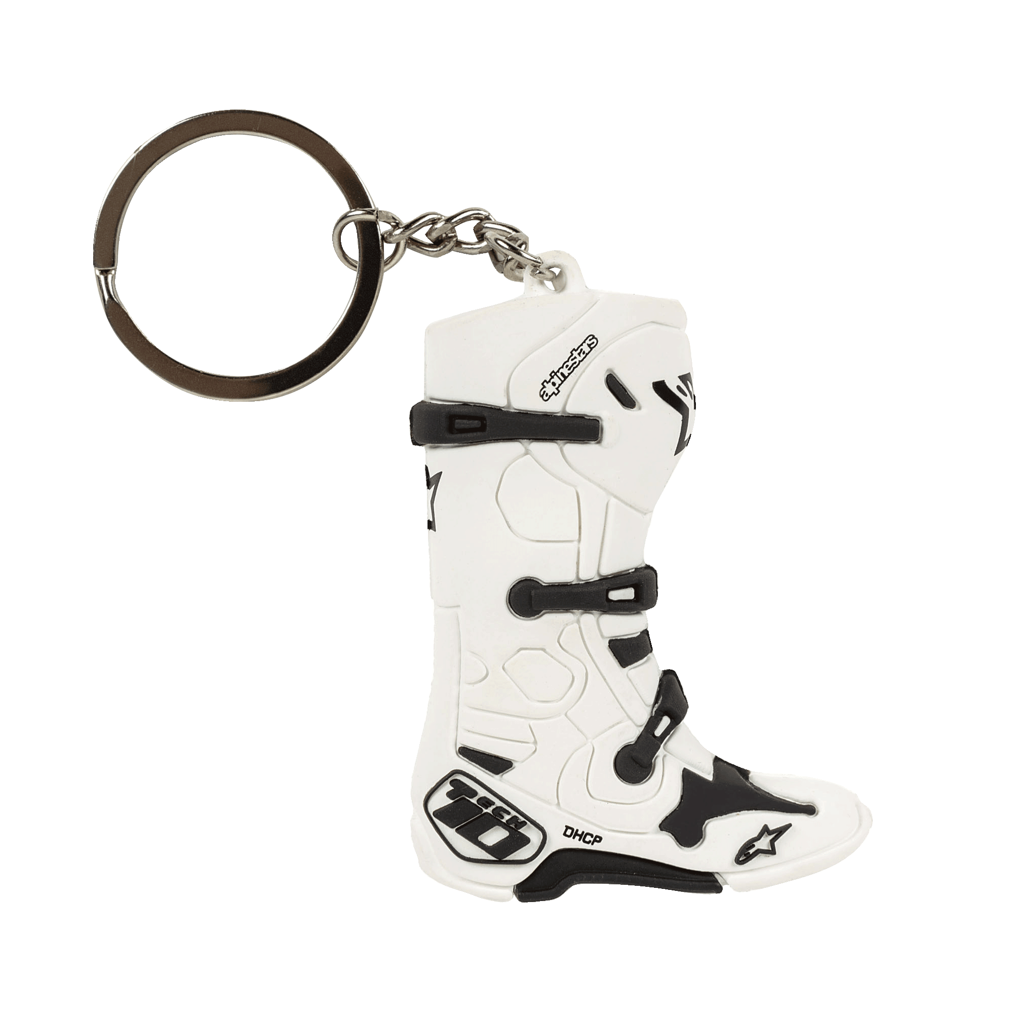 Alpinestars New Tech 10 Boot Keyfob, miniaturowy brelok 3D w kształcie buta motocrossowego, biały i czarny, szczegółowe paski i branding, metalowe kółko i łańcuszek, akcesorium inspirowane sportami motorowymi