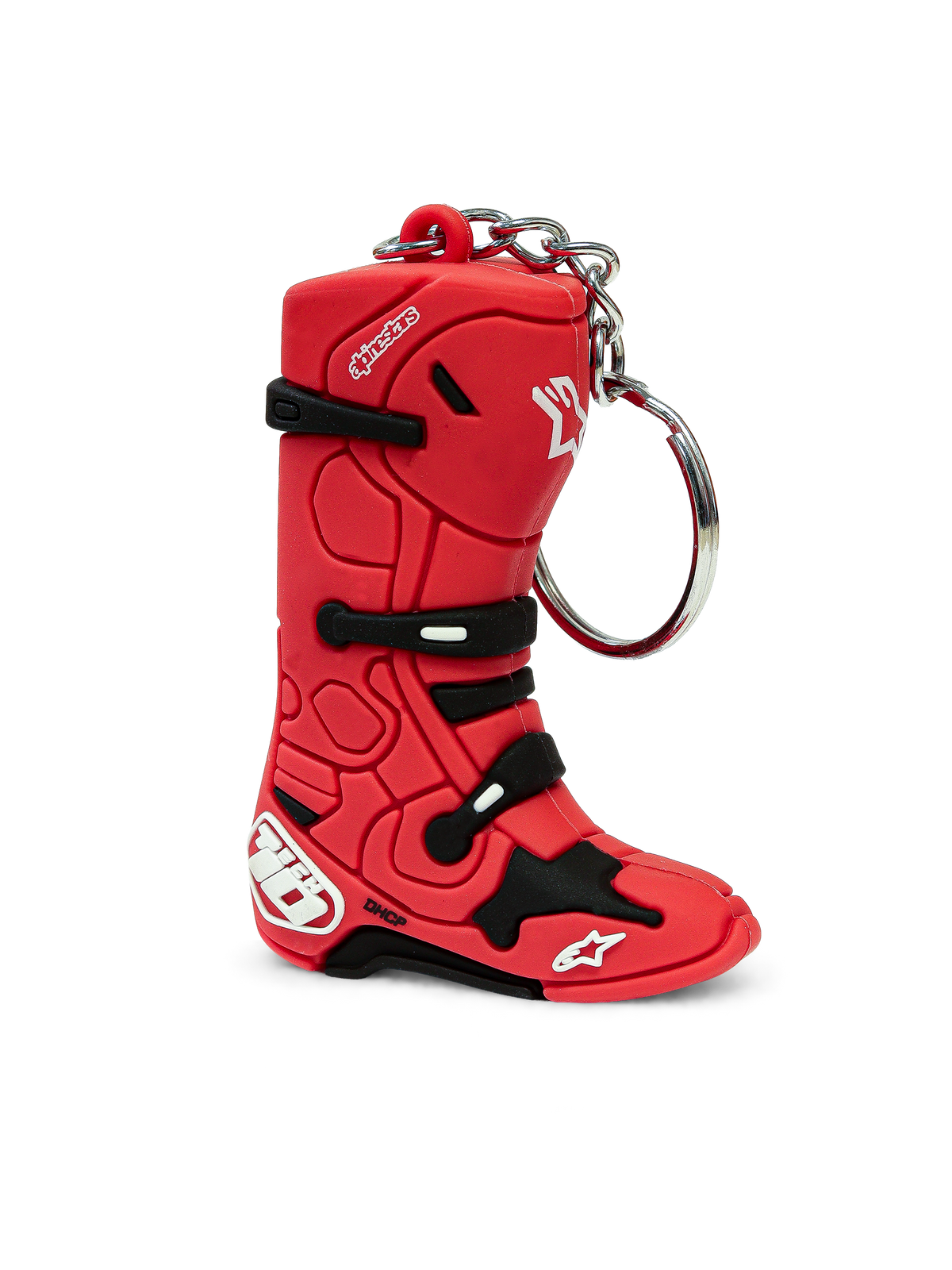Alpinestars Brelok Tech 10 Boot, miniatura buta motocross, czerwony i czarny, trójwymiarowy syntetyczny design z metalowym kółkiem