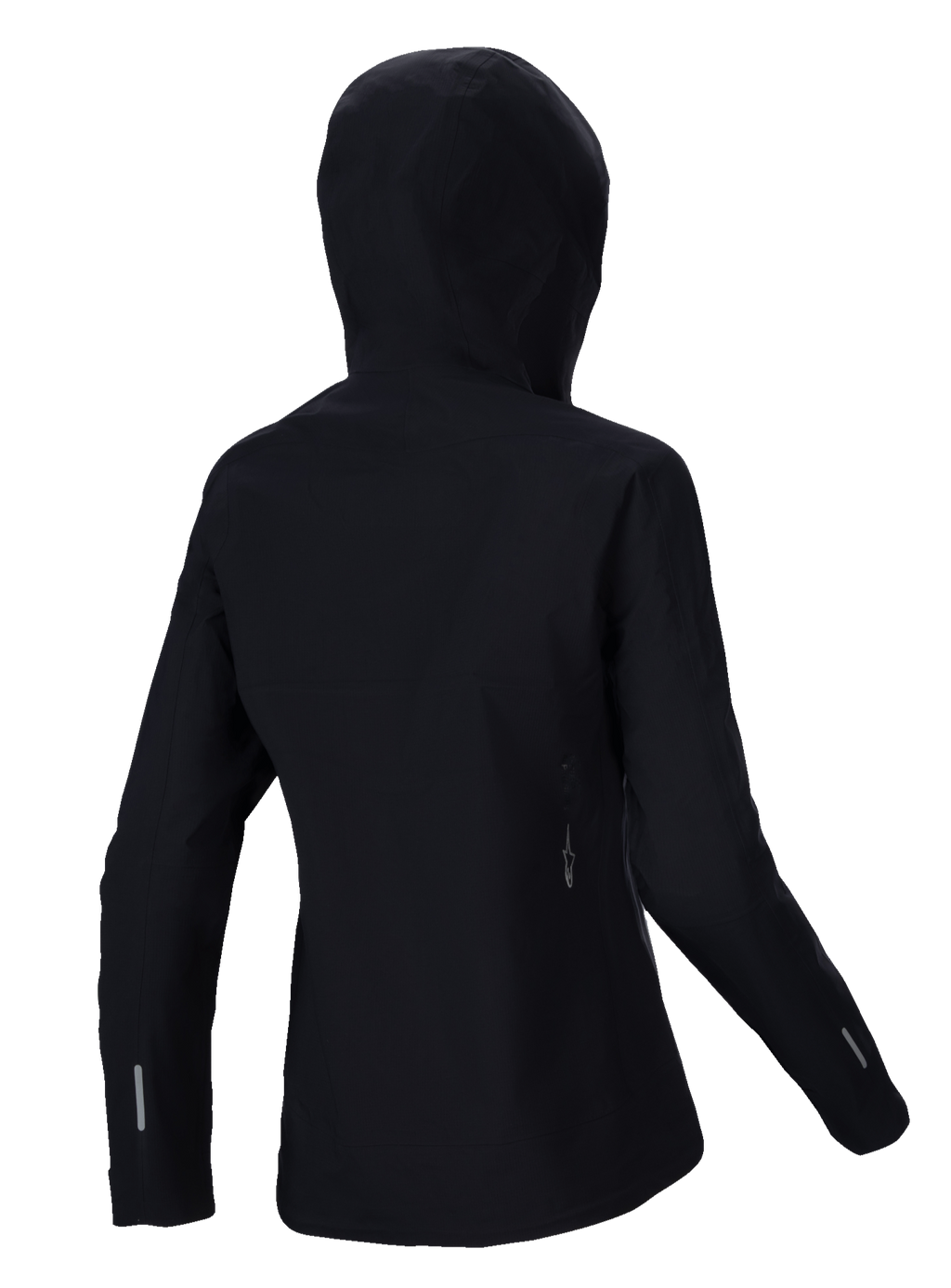 Alpinestars Stella A-Dura Elite Waterproof Jacket, damska kurtka przeciwdeszczowa MTB, czarna, widok z tyłu z kapturem zakładanym na kask, odblaskowe detale na rękawach i dole pleców, wytrzymała tkanina ripstop do jazdy po szlakach w każdą pogodę