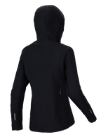 Alpinestars Stella A-Dura Elite Waterproof Jacket, damska kurtka przeciwdeszczowa MTB, czarna, widok z tyłu z kapturem zakładanym na kask, odblaskowe detale na rękawach i dole pleców, wytrzymała tkanina ripstop do jazdy po szlakach w każdą pogodę