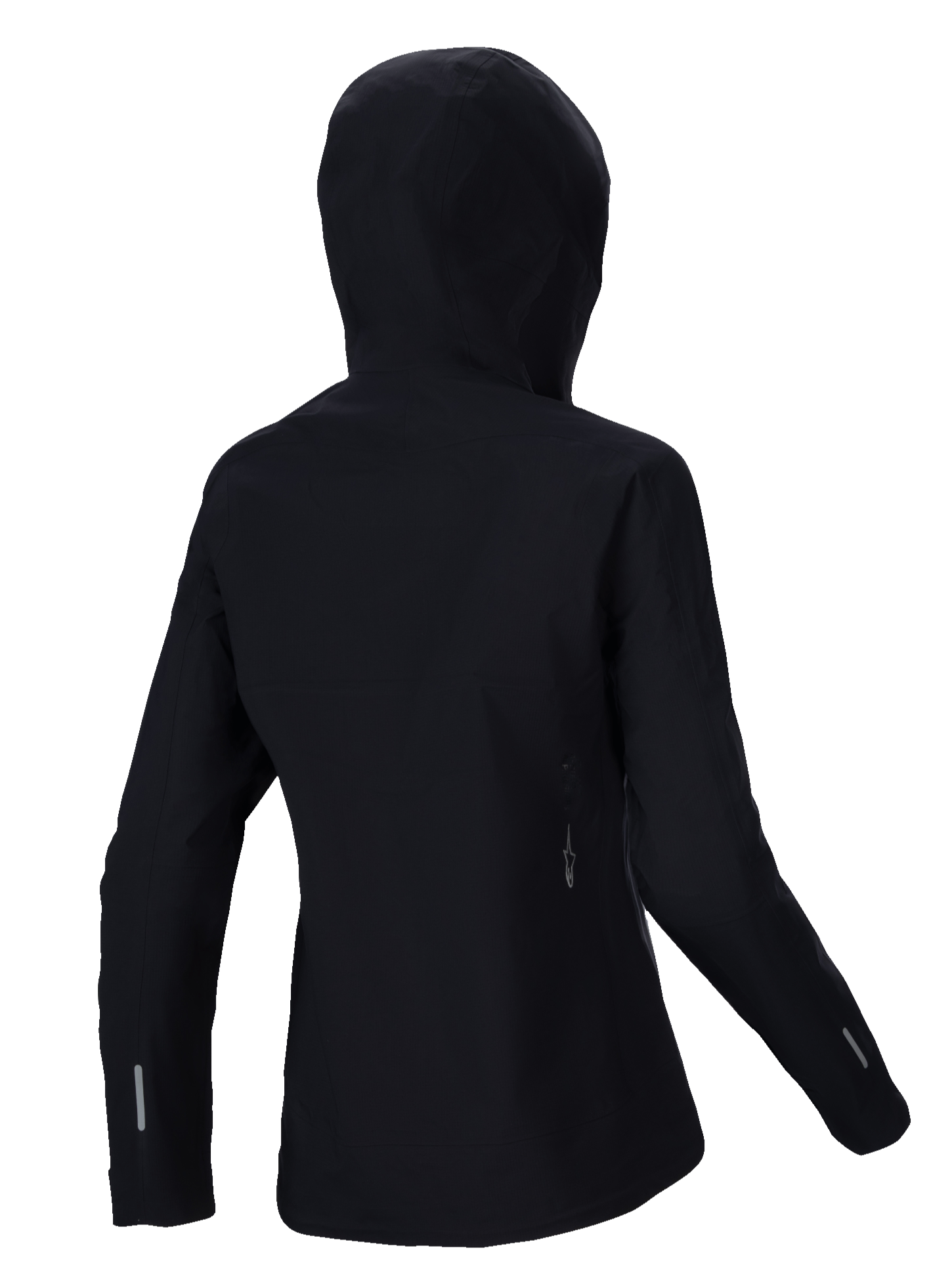 Alpinestars Stella A-Dura Elite Waterproof Jacket, damska kurtka przeciwdeszczowa MTB, czarna, widok z tyłu z kapturem zakładanym na kask, odblaskowe detale na rękawach i dole pleców, wytrzymała tkanina ripstop do jazdy po szlakach w każdą pogodę