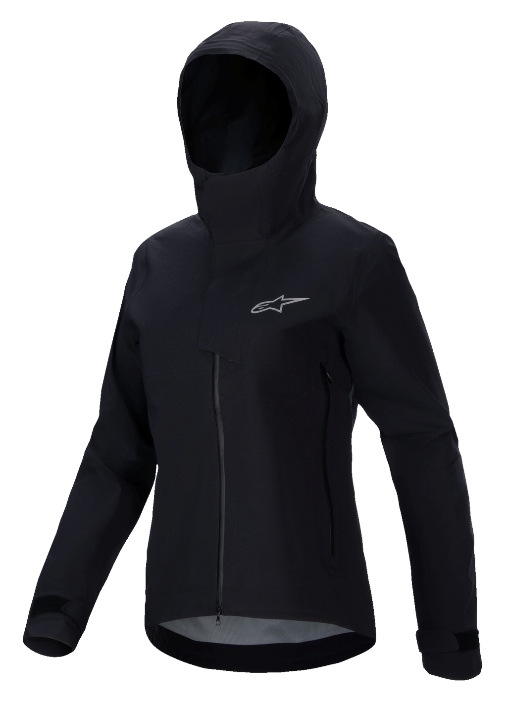 Alpinestars Stella A-Dura Elite Waterproof Jacket, damska kurtka na rower górski, czarna, z kapturem i ochronną listwą przeciwdeszczową, zamek błyskawiczny z przodu, kieszenie boczne zapinane na zamek, regulowane mankiety na rzepy, techniczny wodoodporny materiał ze srebrnym logo na piersi