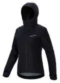 Alpinestars Stella A-Dura Elite Waterproof Jacket, damska kurtka na rower górski, czarna, z kapturem i ochronną listwą przeciwdeszczową, zamek błyskawiczny z przodu, kieszenie boczne zapinane na zamek, regulowane mankiety na rzepy, techniczny wodoodporny materiał ze srebrnym logo na piersi