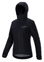 Alpinestars Stella A-Dura Elite Waterproof Jacket, damska kurtka na rower górski, czarna, z kapturem i ochronną listwą przeciwdeszczową, zamek błyskawiczny z przodu, kieszenie boczne zapinane na zamek, regulowane mankiety na rzepy, techniczny wodoodporny materiał ze srebrnym logo na piersi