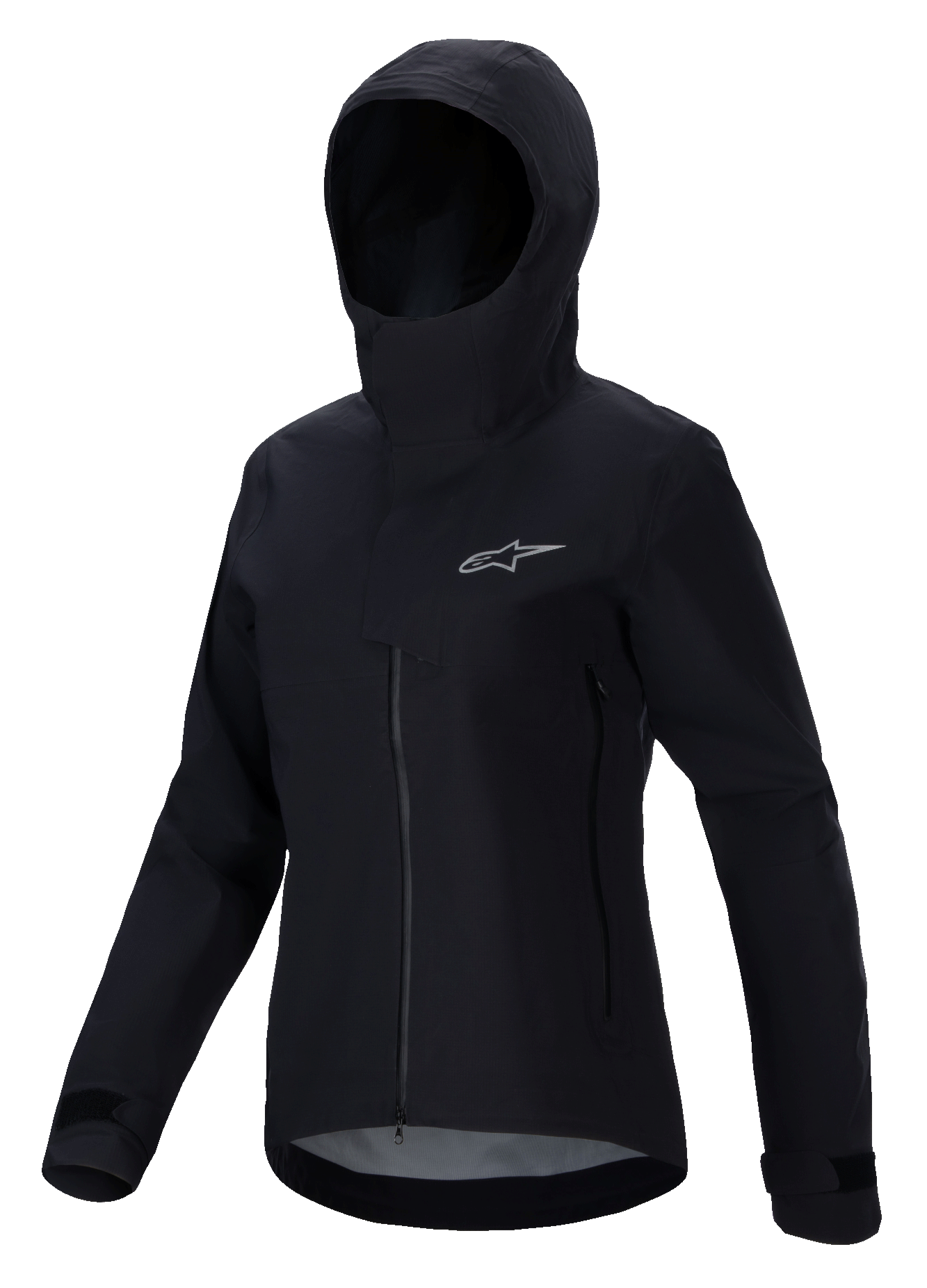 Alpinestars Stella A-Dura Elite Waterproof Jacket, damska kurtka na rower górski, czarna, z kapturem i ochronną listwą przeciwdeszczową, zamek błyskawiczny z przodu, kieszenie boczne zapinane na zamek, regulowane mankiety na rzepy, techniczny wodoodporny materiał ze srebrnym logo na piersi