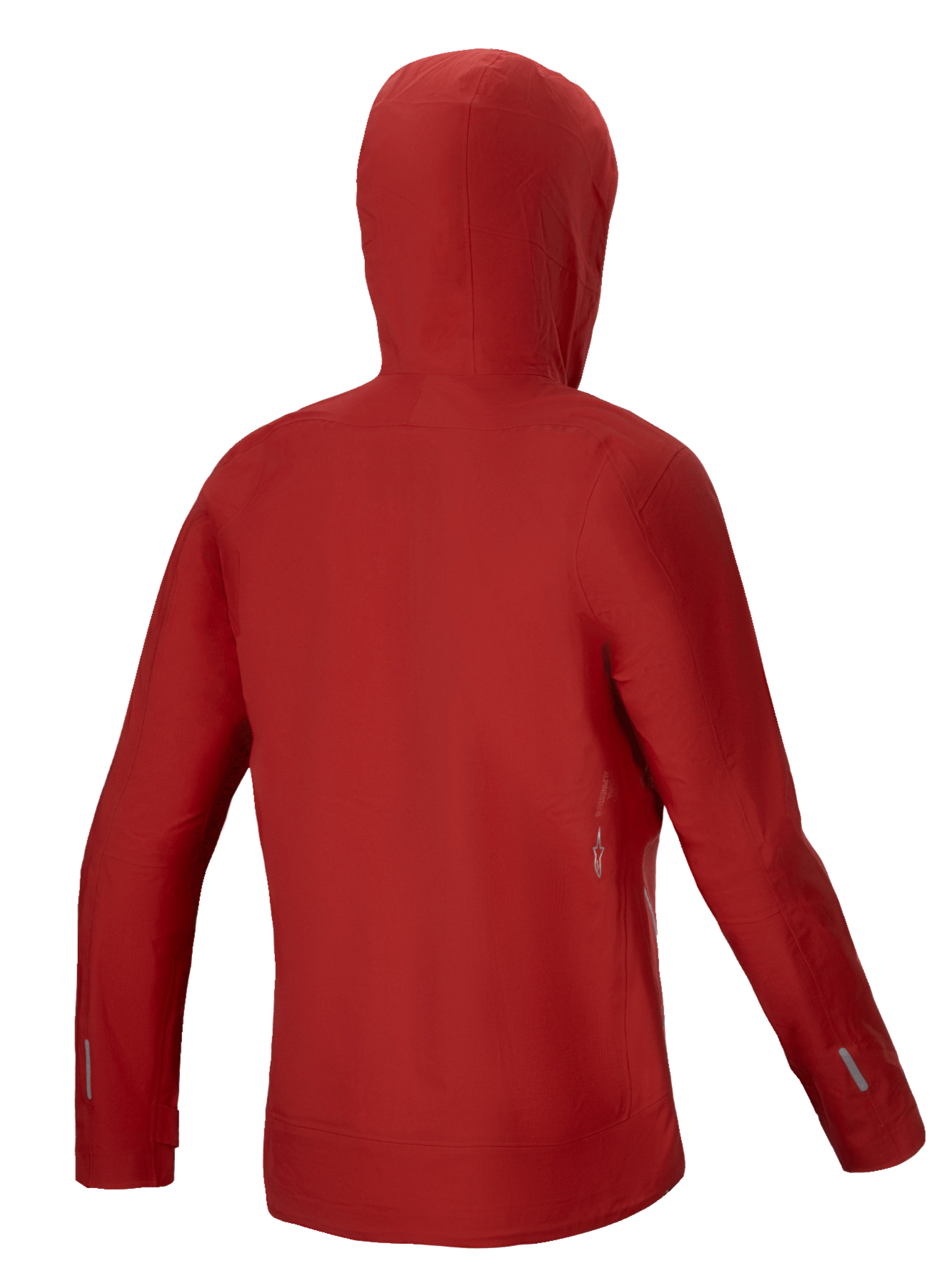 Alpinestars Stella A-Dura Elite Waterproof Jacket, damska kurtka przeciwdeszczowa MTB, czerwona fluo, widok z tyłu pokazujący kaptur kompatybilny z kaskiem i konstrukcję z membrany stretch ripstop 3L